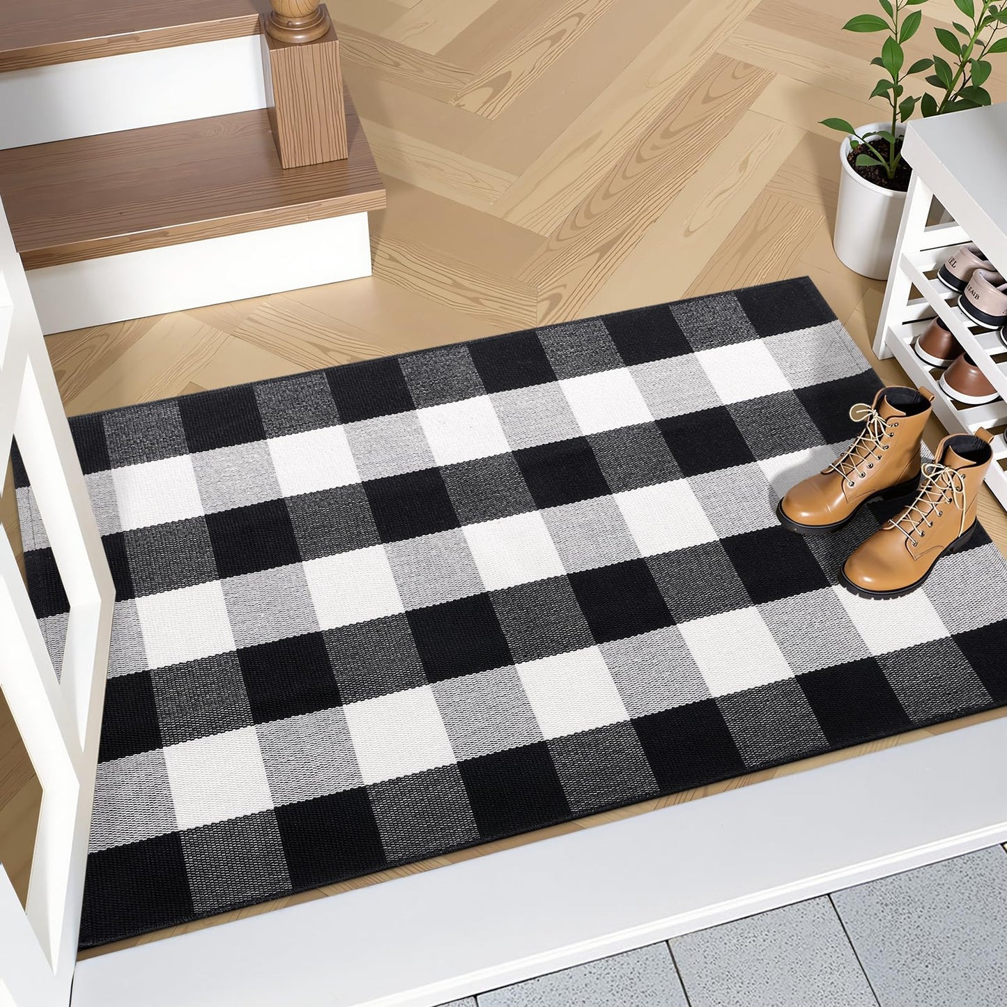 OLANLY Buffalo Plaid Rug 2'4" x 3'7" (27.5" x 43") – Black and White Cotton Checkered Doormat, Washable Indoor Outdoor Rug for Layered Front Porch, Kitchen, Entryway Decor