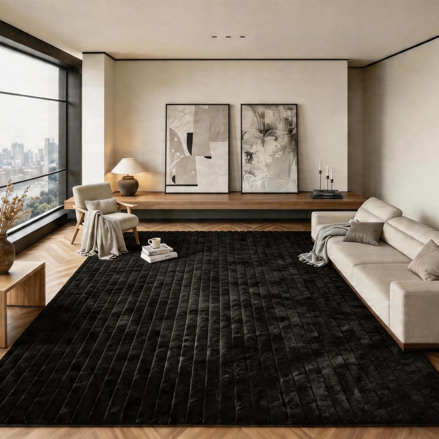 Black Rabbit Striped Plush Rug 6'x9', Fluffy Shaggy Area Rug for Nursery & Kids Room, Faux Fur Carpet for Girls Bedroom, Living Room, Teen Decor