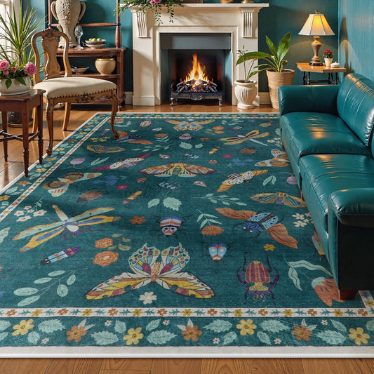 Lahome Insect Washable Rugs 8x10, Soft 8x10 Area Rugs for Living Room, Non Slip Bedroom Rug Under Bed Ultra-Thin Large Carpet for Dining Room Office Playroom Vionnet(8'x10',Dark Green)