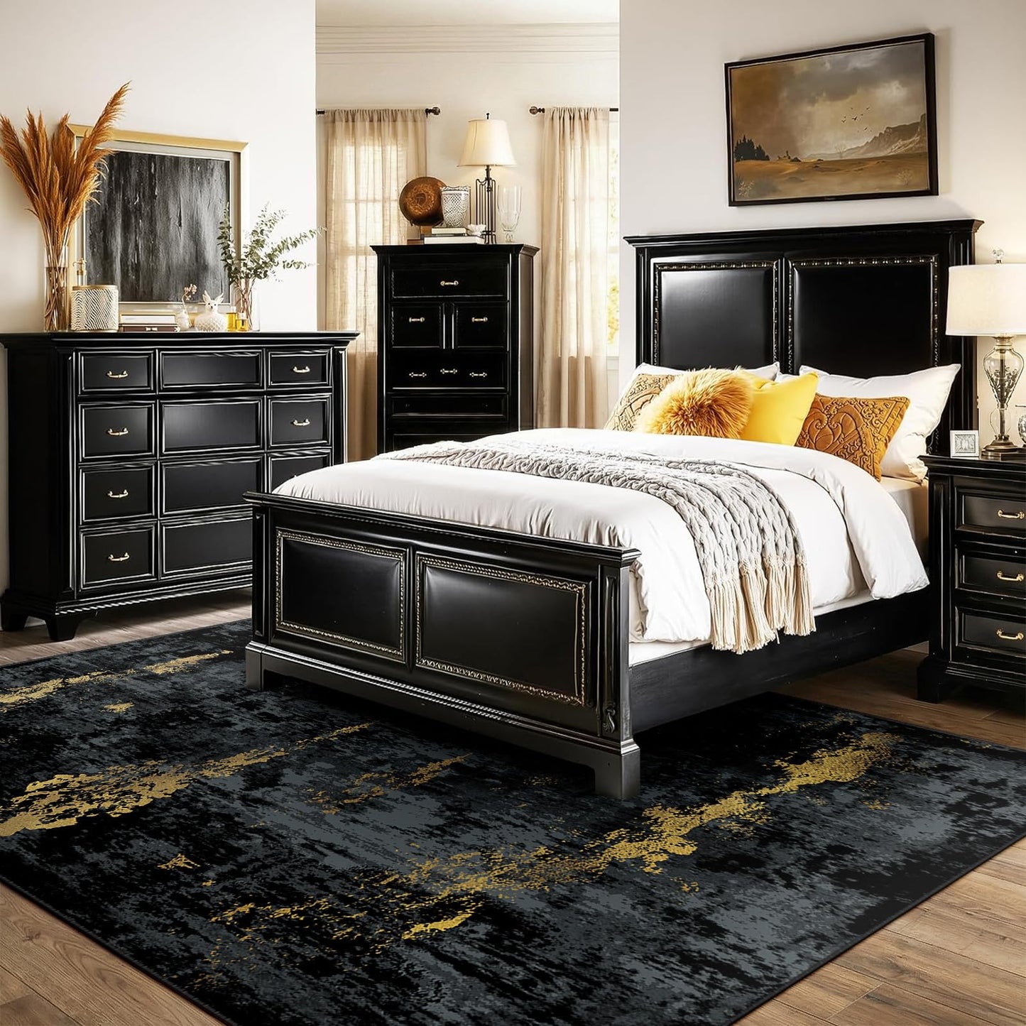 RELEANY Washable Area Rugs 8'x10' Non-Slip Modern Abstract Soft for Living Room Entryway Bedroom Kitchen, Print Pattern, Dark Black Gold