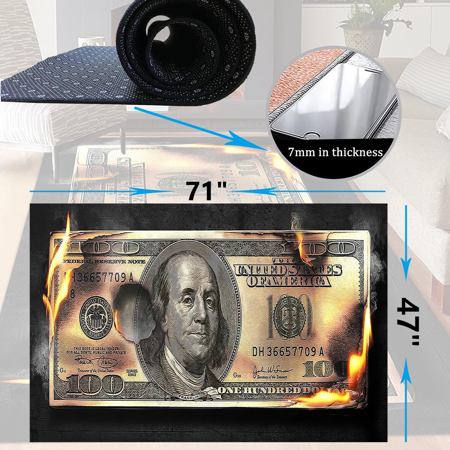 DVKKHD Burning 100 Dollar Bill Area Rug 4x6, Black Gold Room Decor Carpet