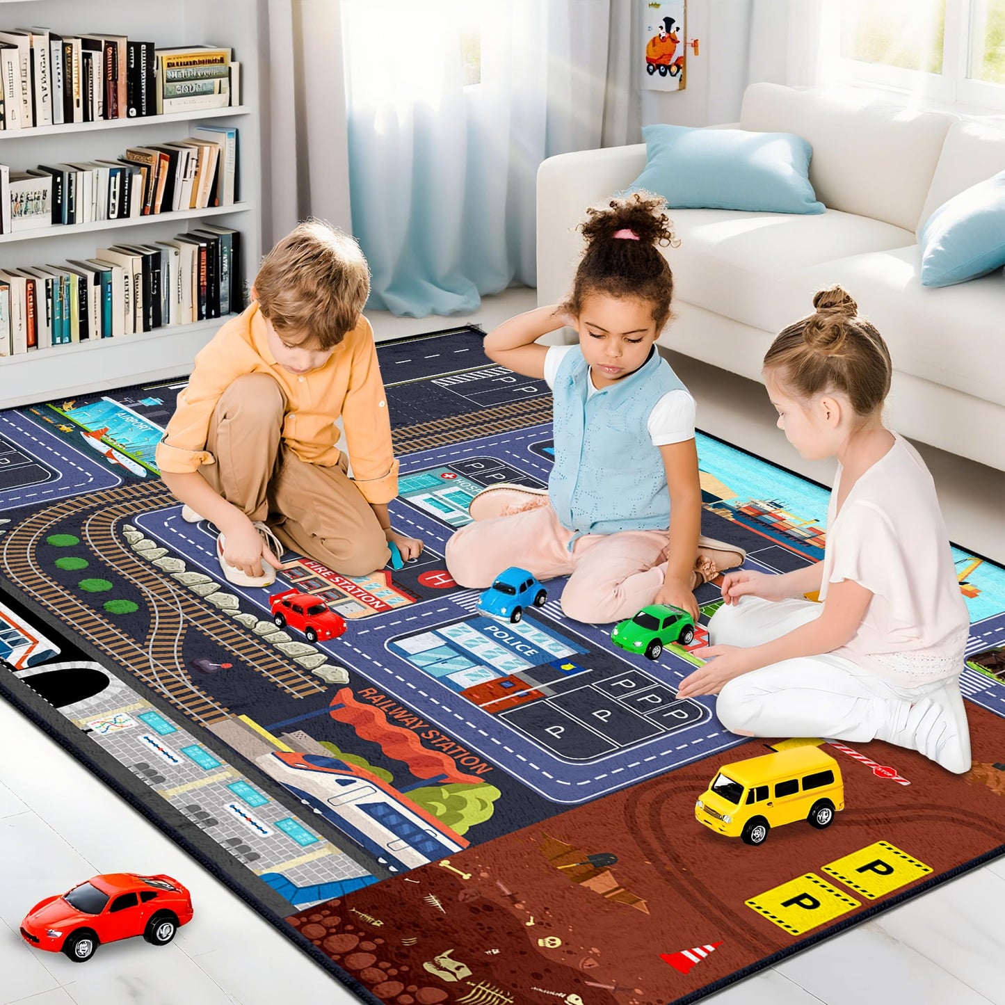 Ekpvgit Car Road Kids Rug Carpet Playmat 5x7 - Car Rugs for Kids Boys, Boys Educational City Traffic Build Play Mat, Washable Non-Slip City Traffic Road Kid Rug for Playroom Bedroom Classroom Nursery