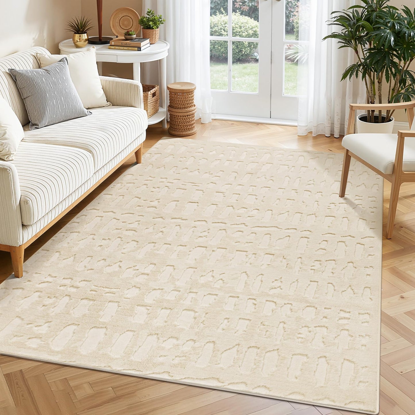 Yamaziot 4x6 Washable Area Rug, High-Low Grid Textured Living Room Rugs, Soft Fluffy Non-Slip Mats Stain Resistant Contemporary Boho Carpet for Dining Room, Kids Nursery Room, Bedroom, Office