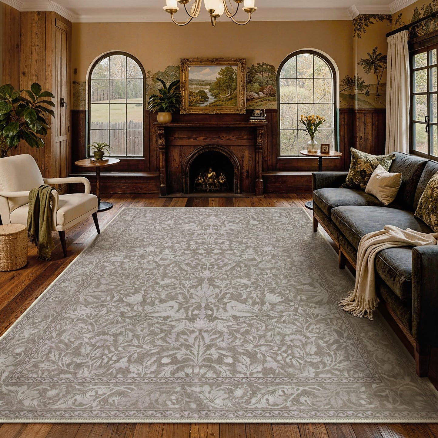 Lahome Bird Washable Rugs 8x10, Soft 8x10 Area Rugs for Living Room Bedroom, Non-Slip Stain Resistance Large Ultra-Thin Vintage Carpet for Dining Room Office, Hemp/Taupe