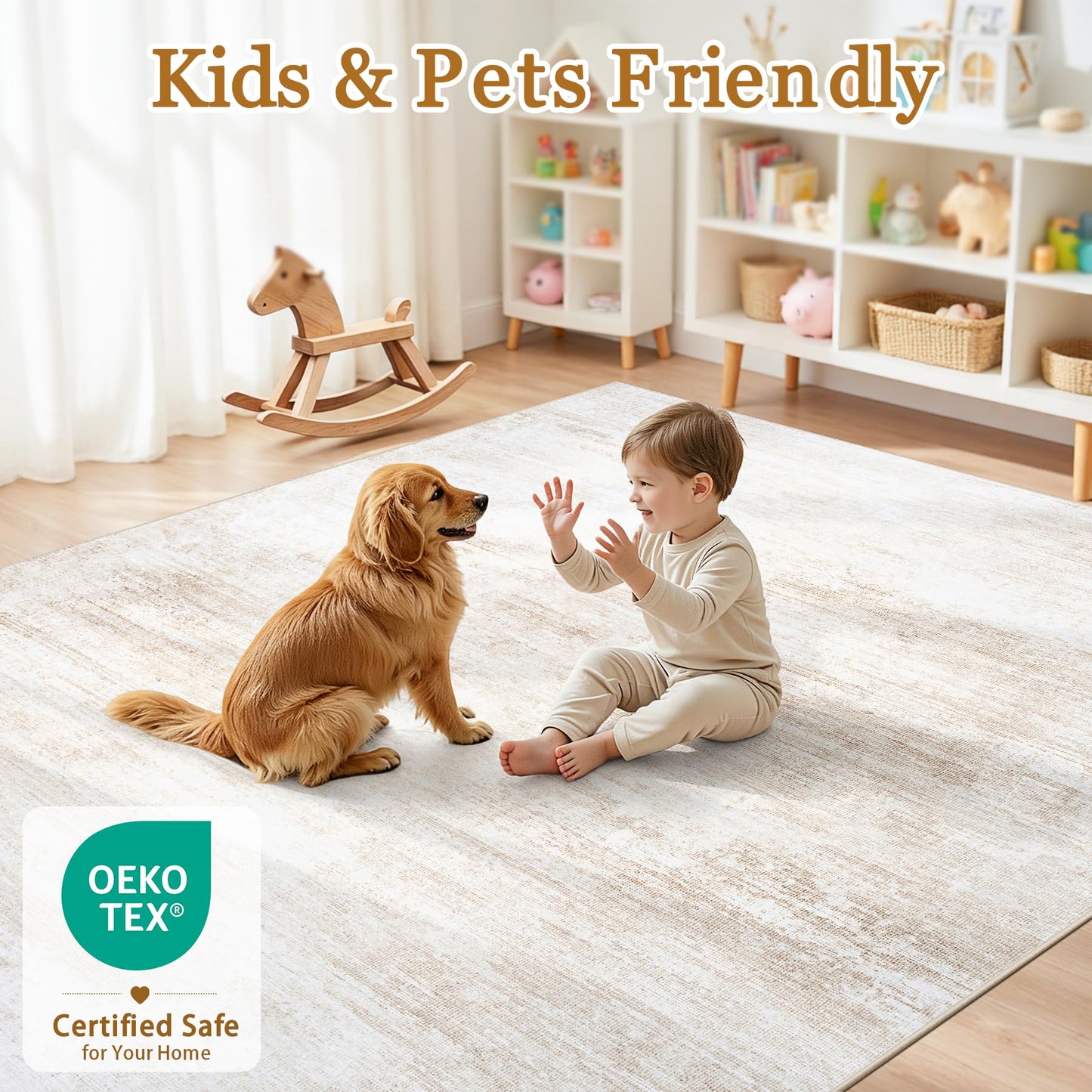 Tosuoka 8x10 Area Rugs for Living Room Bedroom, Washable Rug Beige Abstract Soft Rugs Modern Neutral Non-Slip Large Rug Low Pile Indoor Carpet for Nursery Dining Room Home Office