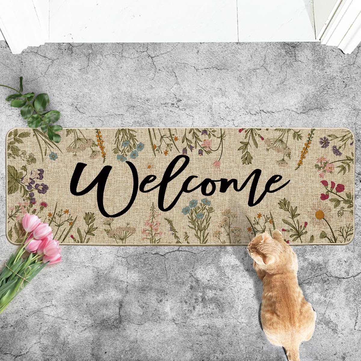 Artoid Mode Wild Flowers Welcome Spring Runner Rug, Summer Home Decor Low-Profile Switch Rug Door Mat Floor Mat for Indoor Outdoor 24x72 Inch