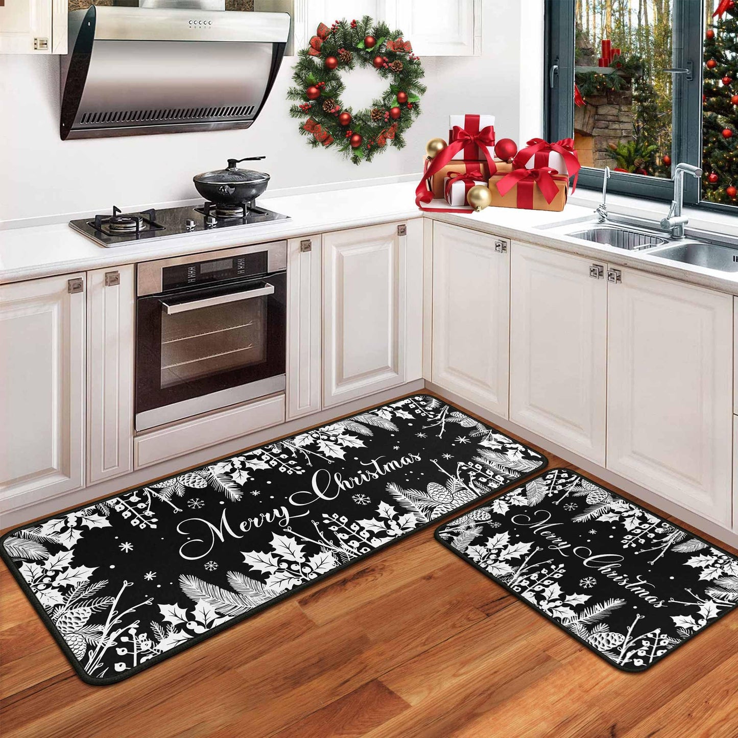 Christmas Kitchen Mats Set of 2, Black Christmas Decorations for Home, Holly Pine Branches Pinecones Kitchen Rugs Non-Slip Backing Winter Floor Mat Xmas Decor Washable Runner Rug 17"x47.2"+17"x30"