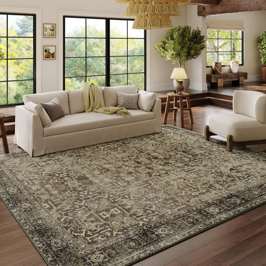 8x10 Washable Distressed Vintage Rug,Retro Faded Decor Carpet Foldable Low Pile Floral Print Non-Slip Area Rug for Living Room Bedroom Kitchen Dorm Nursery, Yellow Brown Retro Faded Decor