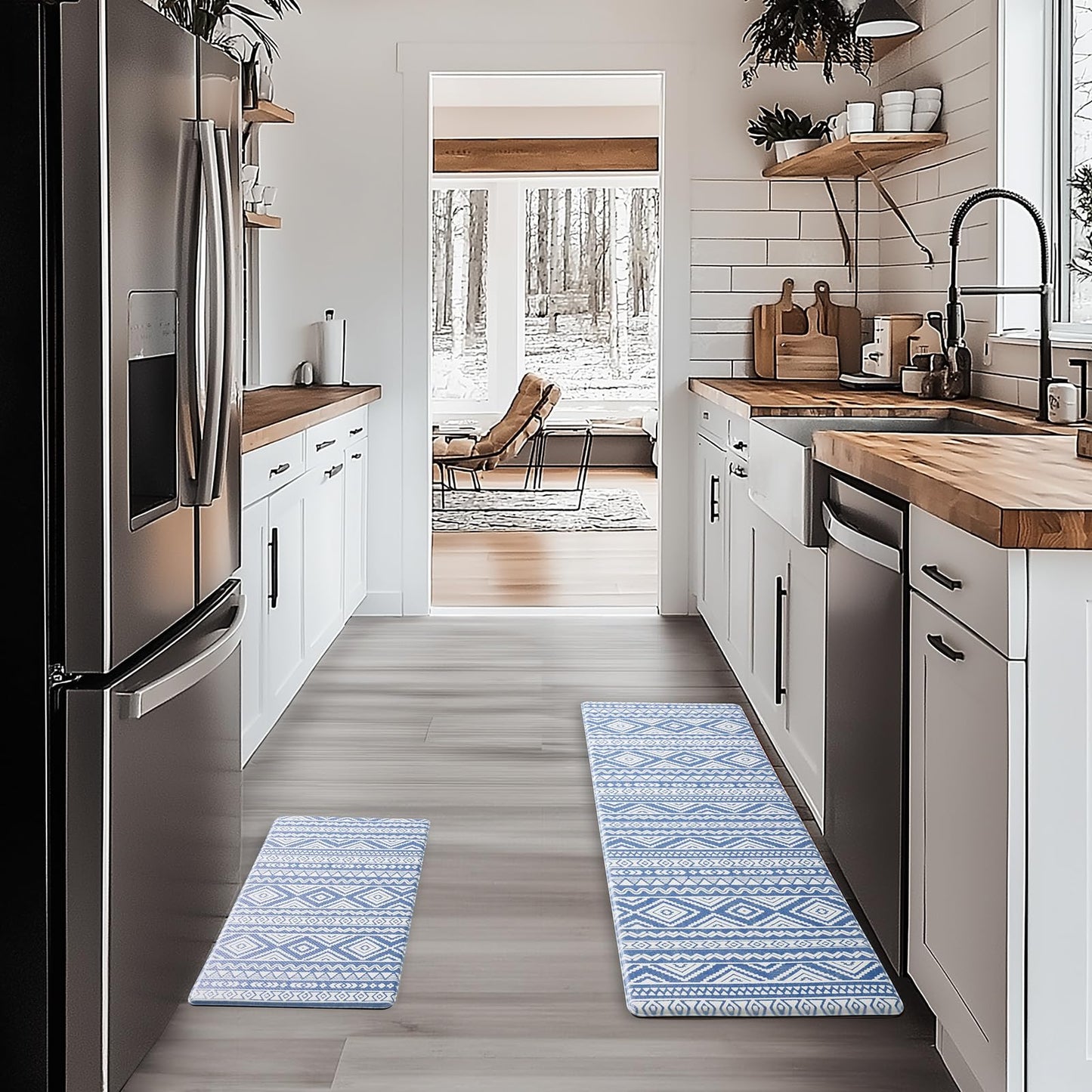 FRESHMINT Anti Fatigue Kitchen Mats for Floor 2 Piece Set, Waterproof & Non-Skid Boho Kitchen Rugs, Cushioned Kitchen Mat for Standing Washable Comfort Desk Kitchen Runners, 17x30+17x47