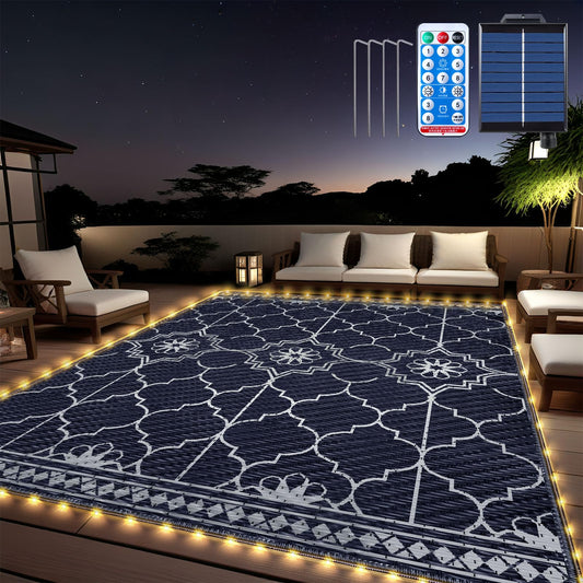 Lighted Outdoor Rug 8x10 ft, Solar Powered Patio Rug with 113 LED Lights, Waterproof Plastic Reversible Outdoor Straw Rugs, Rugs Mat for House Deck RV Camping Patio Beach Balcony Picnic (Blue White)