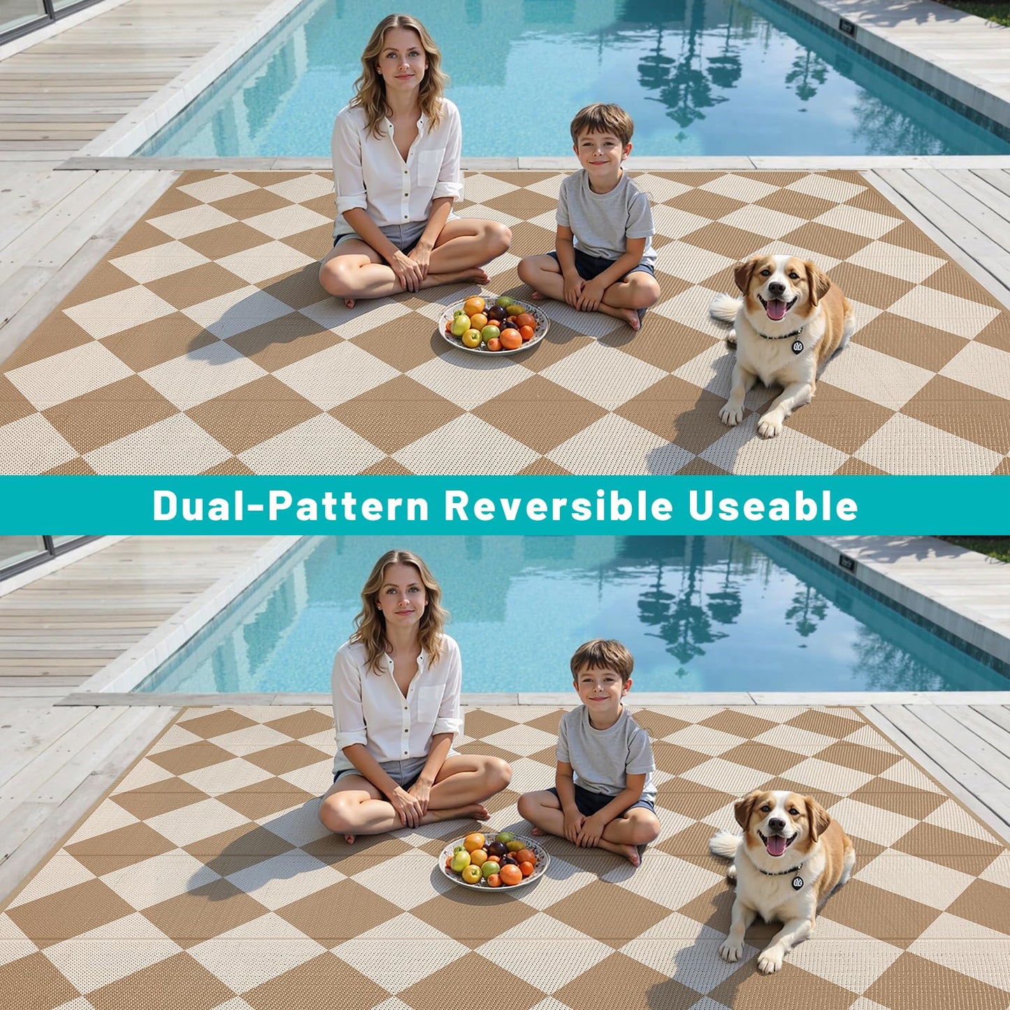 HEBE Checkered Outdoor Rug Waterproof 8x10, Reversible Plastic Straw Rug RV Camping Rug, Indoor Outdoor Patio Mat Clearance, Outside Carpet for Porch,Deck,Camper,Balcony,Backyard,Picnic