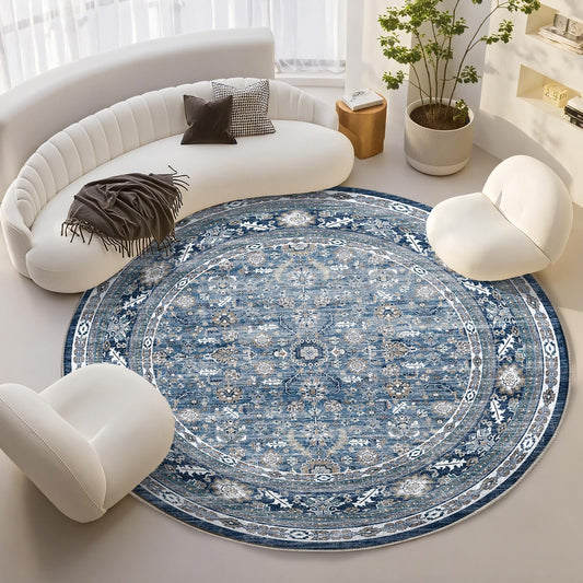 OPPODREAM Vintage Blue Round Rug 6ft, 6 ft Retro Washable Circle Rug Non Slip, Low-Pile Faux Wool Circular Carpet, Distressed Navy Floor Mat for Living Room, Bedroom, Office, Dorm, Dinning Room