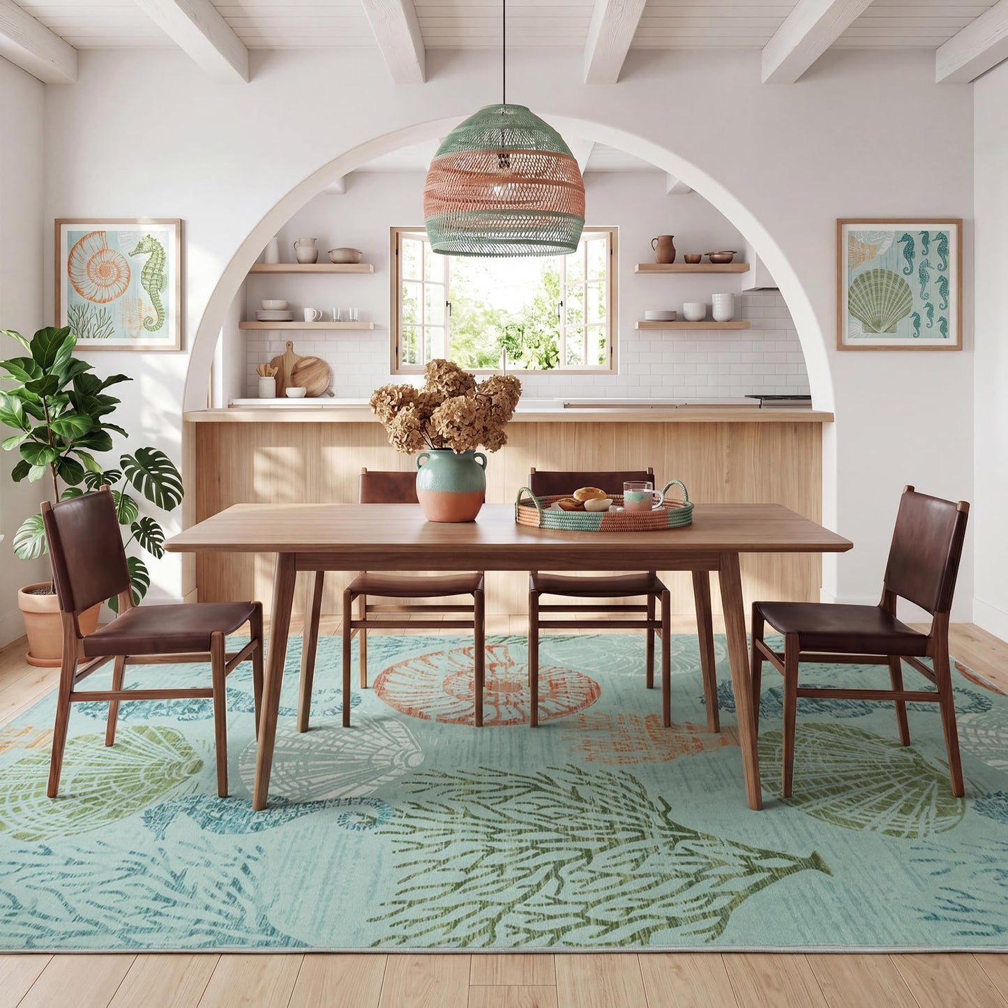 Tribesigns Boho Coastal 8x10 Area Rugs for Living Room, Soft Large Washable Bedroom Rugs 8x10, Indoor Dining Room Printed Carpet for Ocean Beach Nursery Dorm Office Decor, Green/Coral