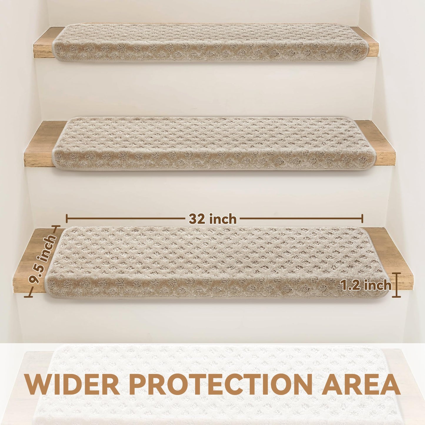 Bullnose Stair Treads Non Slip 9.5" x 32", 14 Pcs Carpet Stair Treads for Wooden Steps Indoor with Edge Protection, Reusable Peel and Stick TPU Backing Stair Runner Rugs - Lattice Pattern Beige Grey