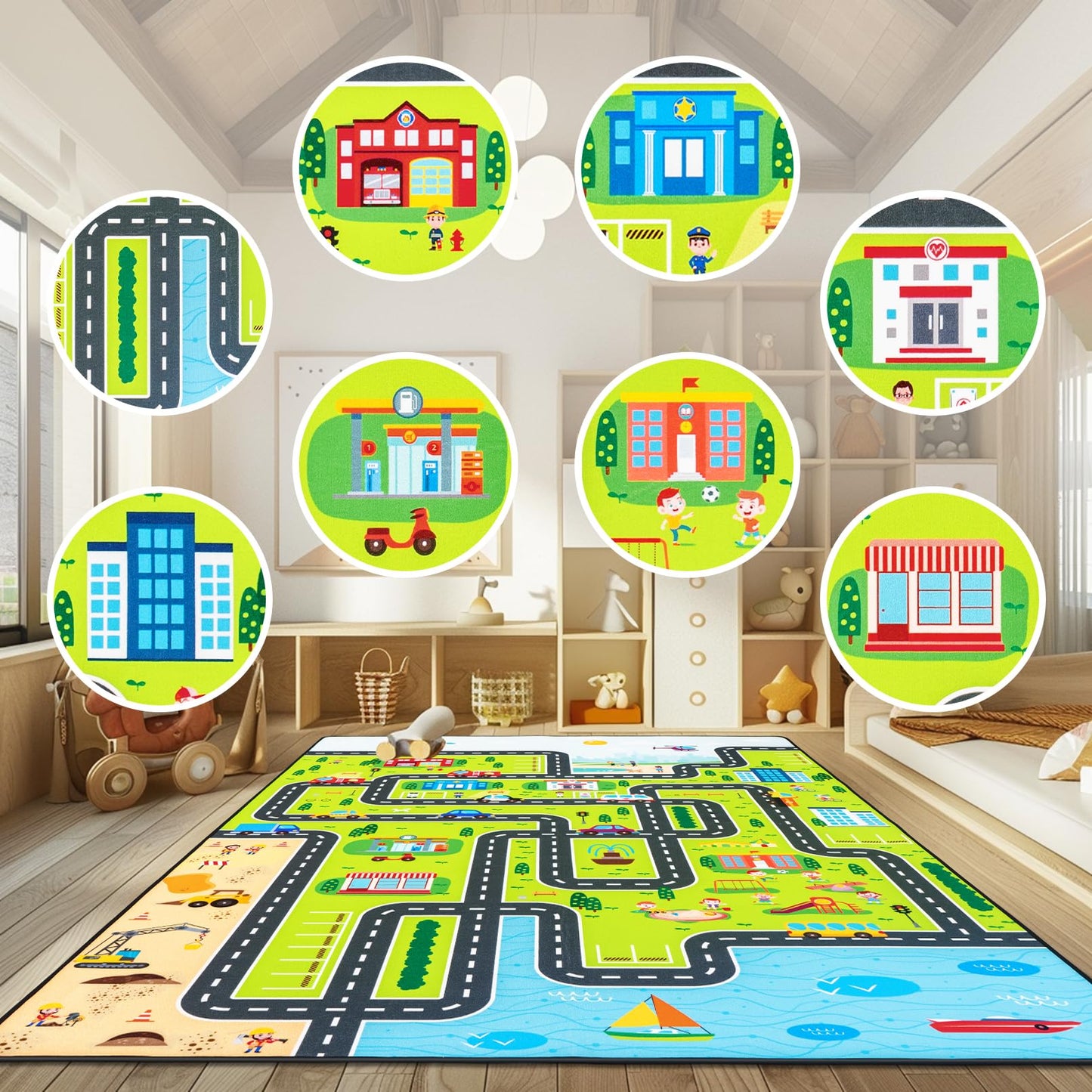 8' x 10' Kids Carpet Playmat Rug, Track Car Play Rugs for Kids Car Rug Education City Traffic Road Map Fun Carpets for Baby Toddler Boy Bedroom Playroom
