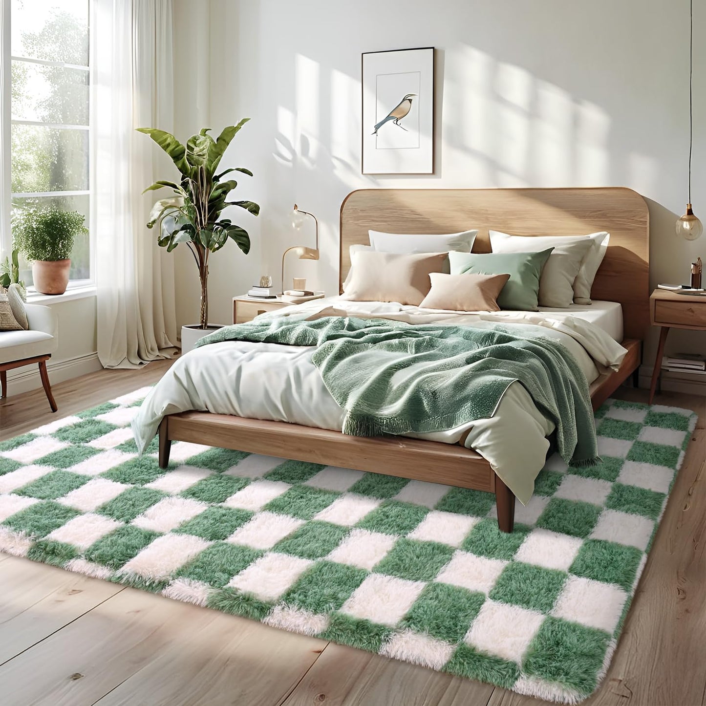 Nuttumico 4x6 Feet Sage Green White Checkered Rug, Fluffy Plaid Area Rug for Bedroom Living Room, Soft Shag Shaggy Carpet for Girls Room, Nursery Dorm, Non-Slip, High Pile