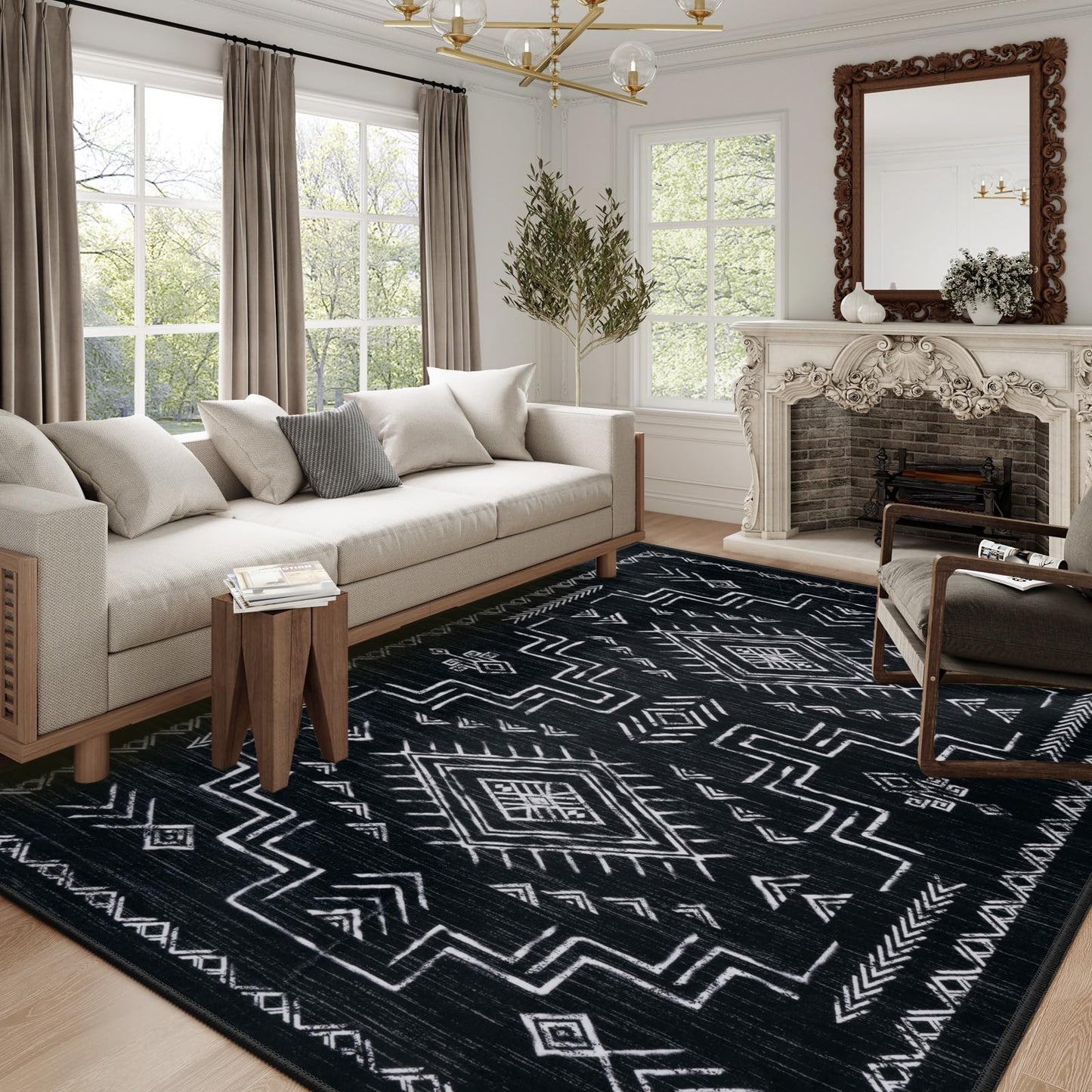 STARUIA Washable 8x10 Black and White Area Rug for Living Room, Western Aztec Tribal Moroccan Area Rug, Boys Neutral Rug for Bedroom, Non-Slip Large Carpet Under Dining Table Home Office