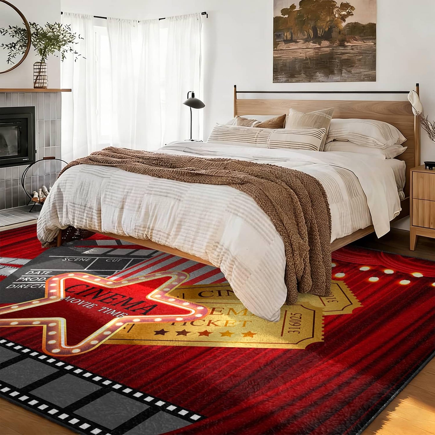 LGGLOVELIN Cinema Movie Time Area Rug 8x10ft, Indoor Low Pile Large Carpet, Red Curtain Popcorn Ticket, Washable Non-Slip Soft Rugs for Home Theater Living Room Bedroom Movie Night Decor Mat