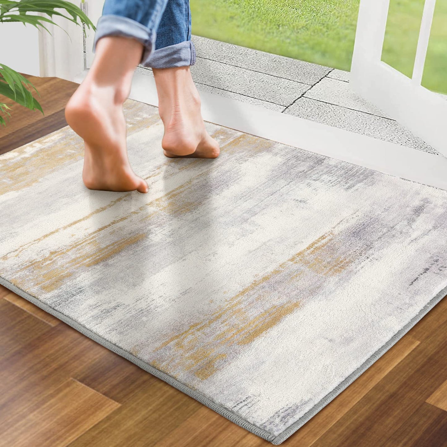 CRISTGEE Door Mat, Front Indoor Door Mat Faux Wool Non-Slip Entryway Rug Absorbent Abstract Throw Rug for Indoor Entrance Hallway Laundry Room, High Traffic Areas, 20X32 Inches, Yellow Washable