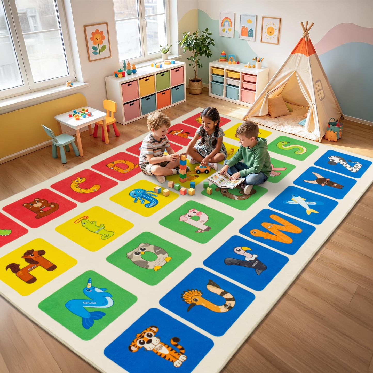 WISH TREE Animal Shaped ABC Classroom Rug, 6' x 9' Soft Non-Slip Low Pile Alphabet Learning Rug with Rubber Backing, Kids Educational Rug for Preschool Kindergarten Playroom
