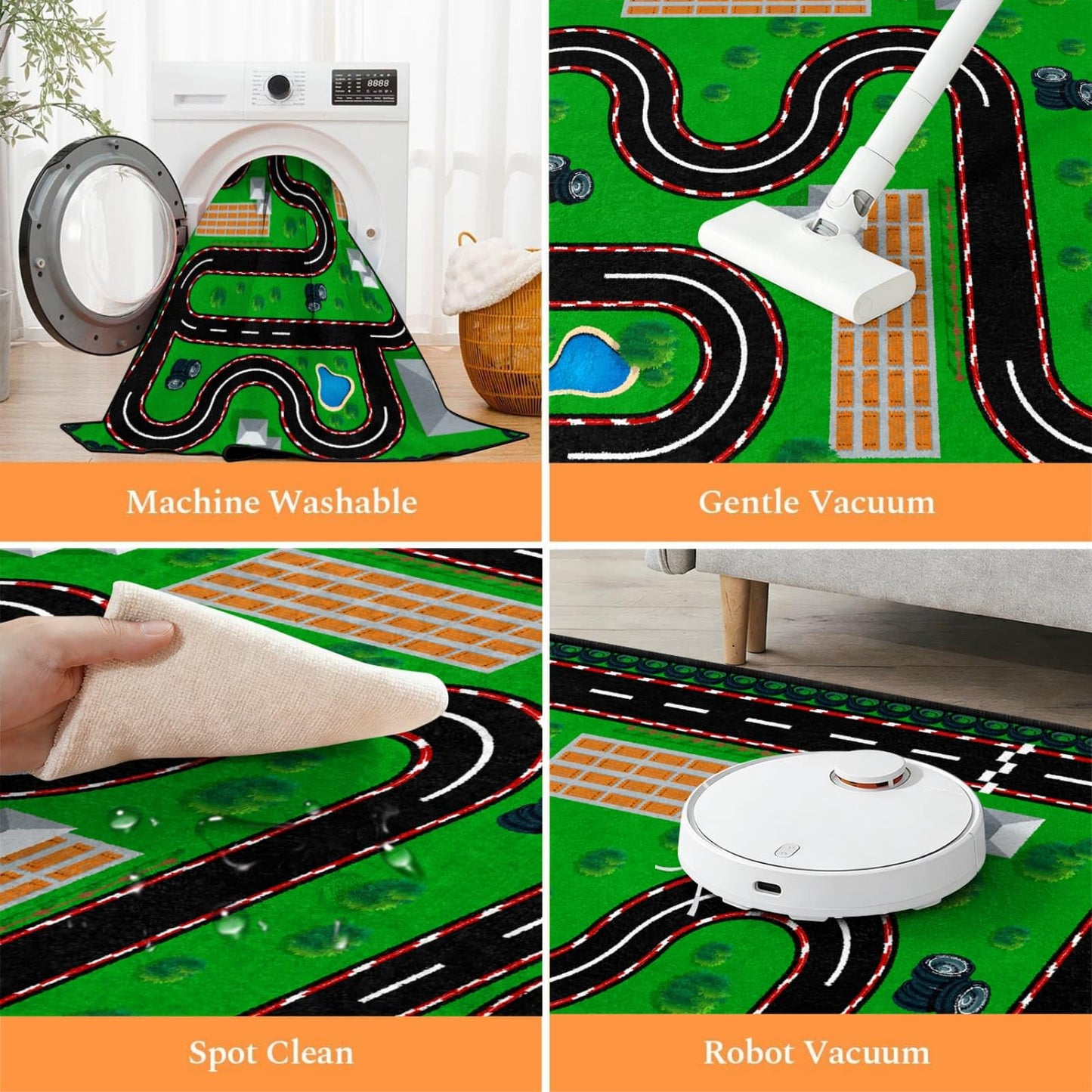 CRJMKS Non Slip Car Carpet for Kids Racing Road Car Playroom Mat, 2x3ft,Large Machine Washable Green Race Car Track Rug for Boy's Bedroom-Classroom Home Decor Soft Area Rugs