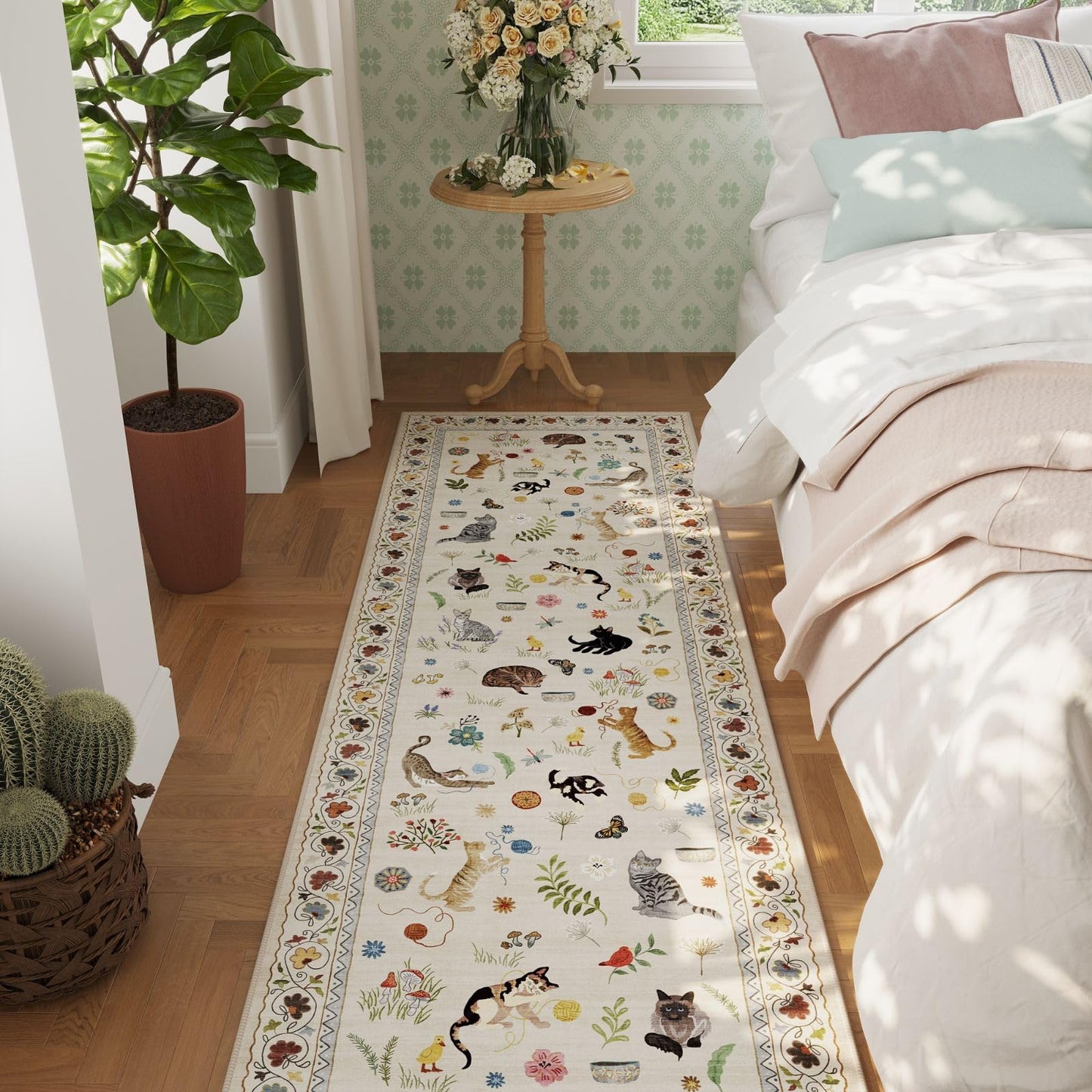 Rugcomf Runner Rug for Kitchen Non Slip 2'6''x8' Washable Rugs with Rubber Backing Soft Floral Animal Cat Carpet Runner for Kitchen Laundry Bedroom Bathroom, Beige