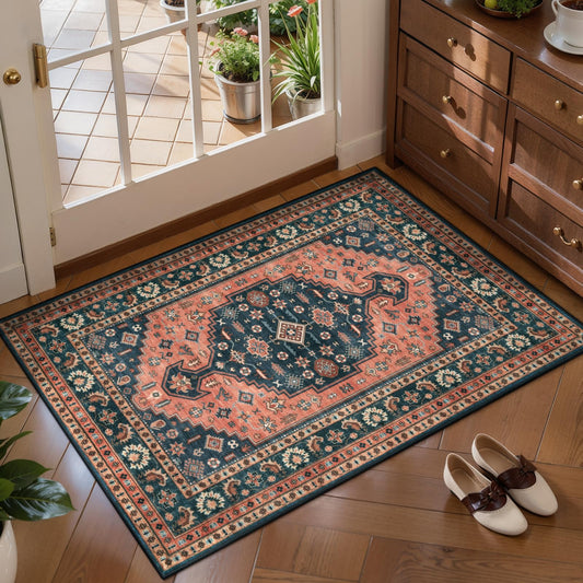 Tangsoo Oriental 2x3 Small Area Rugs for Entryway,Vintage Washable Indoor Door Rug,Non-Slip Soft Low Pile Small Throw Rug for Entry Bathroom Kitchen Bedroom Home Decor Red Blue