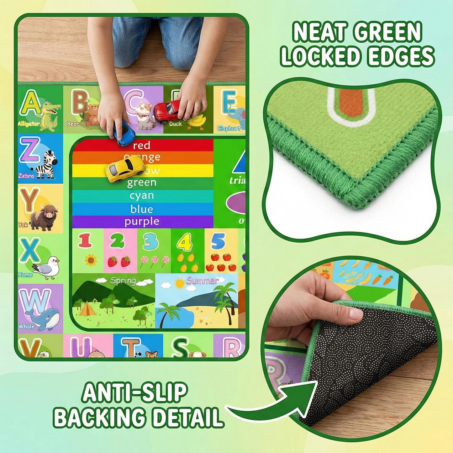 OGPJKEQR Kids Rug for Playroom Bedroom, 2.5x4 Feet Educational ABC Area Rug for Classroom Nursery, Non-Slip Alphabet Learning Carpet with Numbers Animals Seasons Fruits, Green Toddler Floor Mat