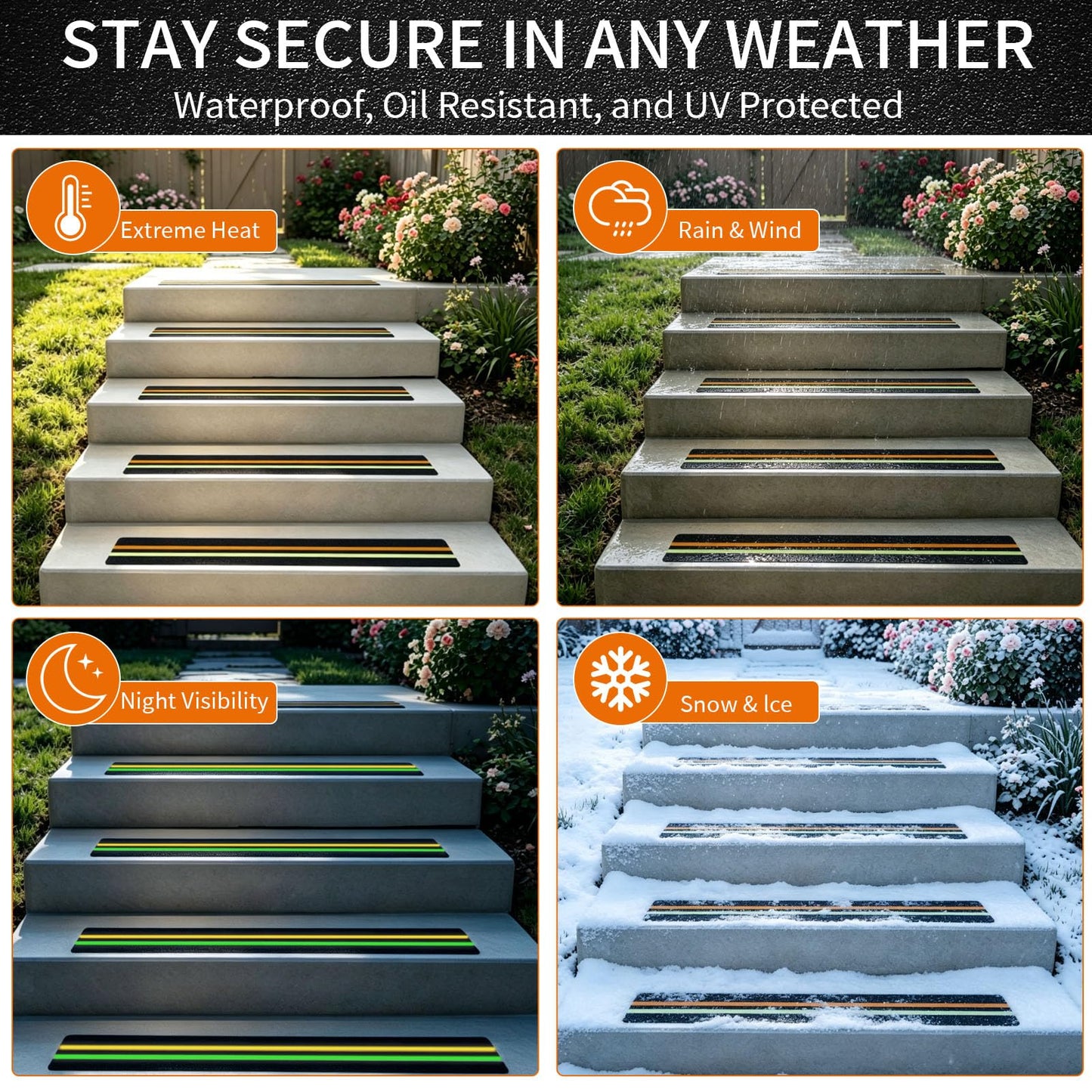 TOTAT 15 Pack Glow in the Dark & Reflective Non Slip Grip Strips, 4" x 30" Precut Anti Slip Tape for Stairs, Heavy Duty Waterproof Safety Treads Strips for Outdoor/Indoor Steps, Decks & Garages