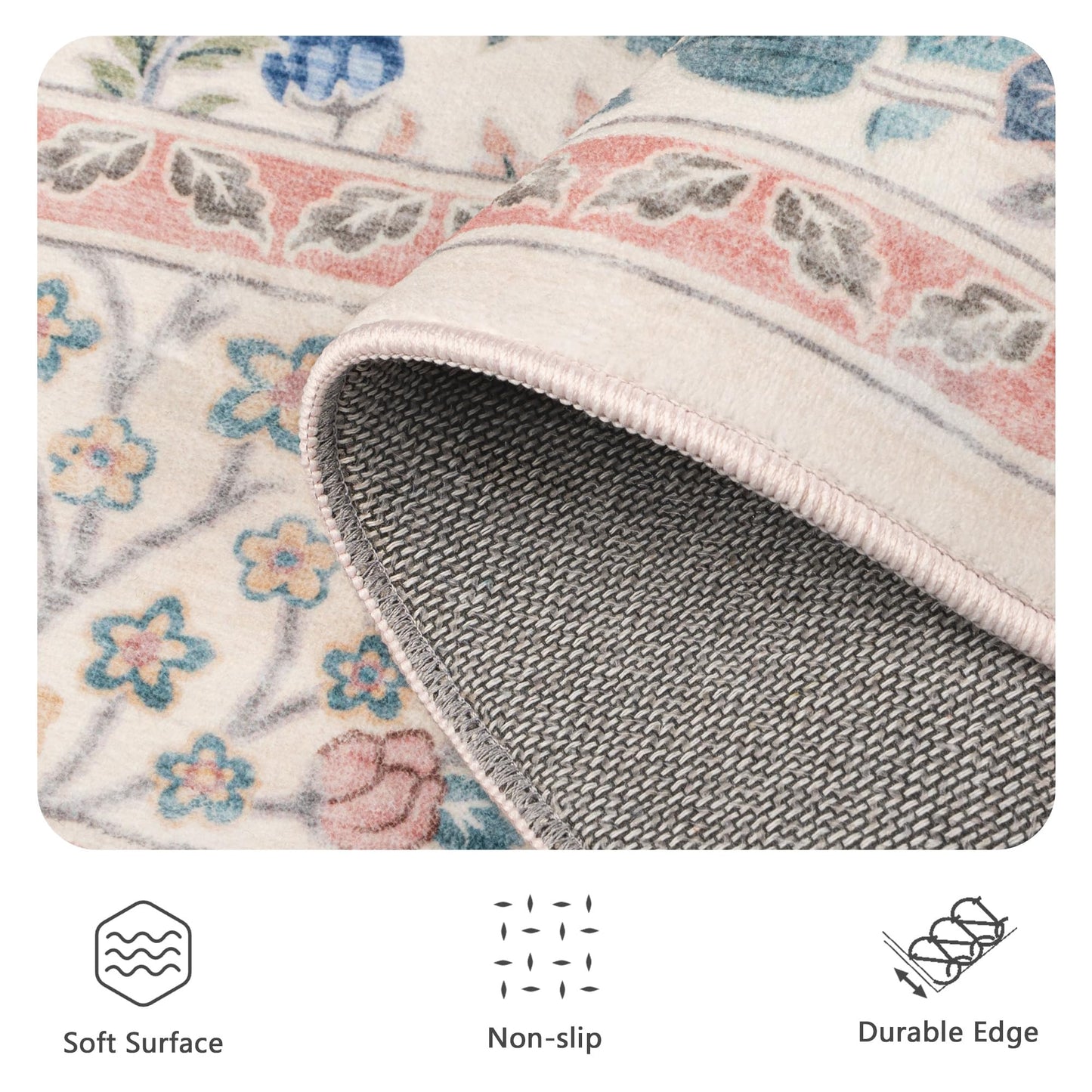 Yarooge 8x10 Area Rugs, Machine Washable Low Pile Floral Rugs for Living Room, Bedroom, Large Boho Area Rug with Non-Slip Backing for Dining Room(Pink Floral)