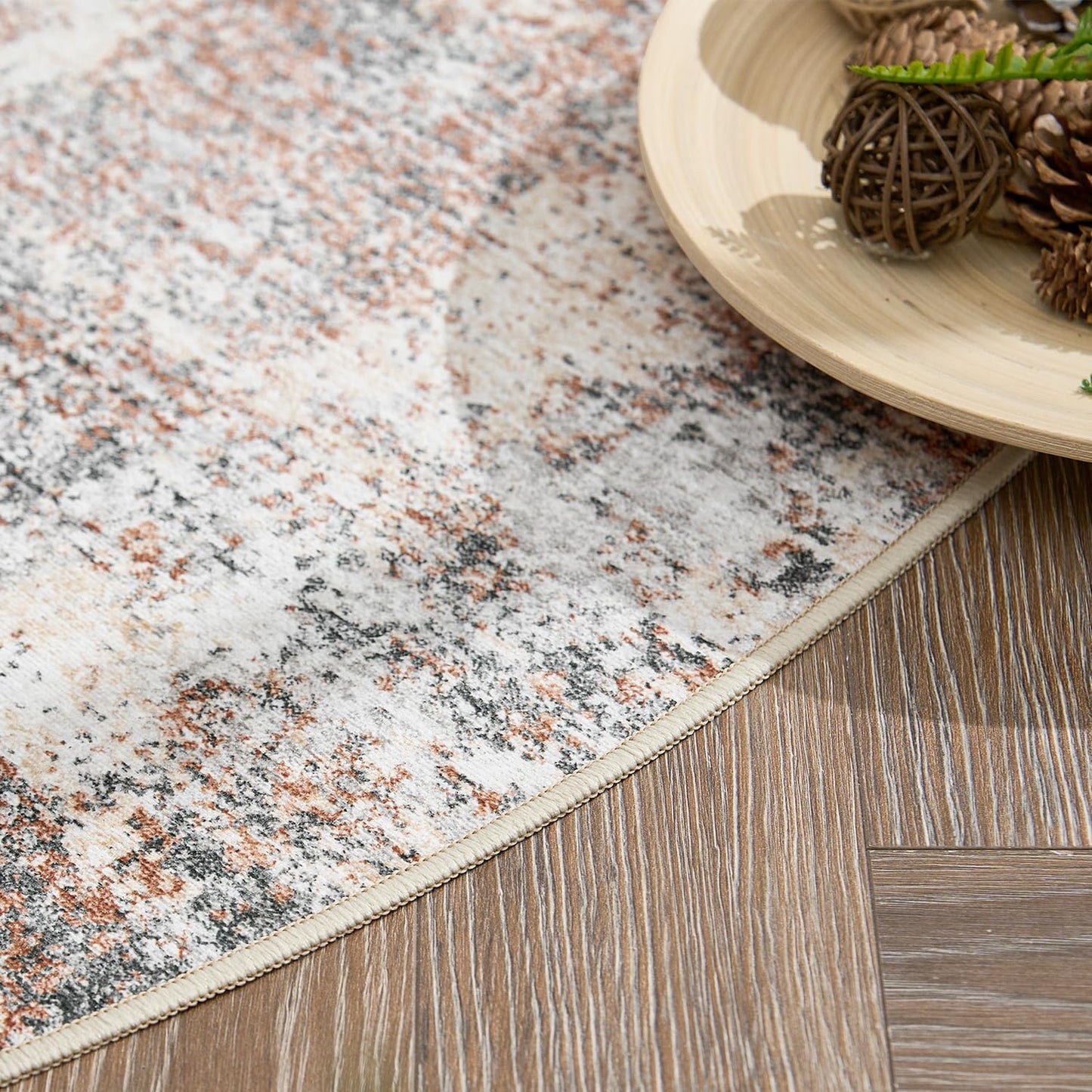 jinchan Round Rug 5ft Modern Area Rug 5' Round Circle Mat Washable Abstract Distressed Floor Cover Taupe Multi Print Contemporary Non-Slip Overdyed Thin Carpet for Entryway Kitchen Living Room