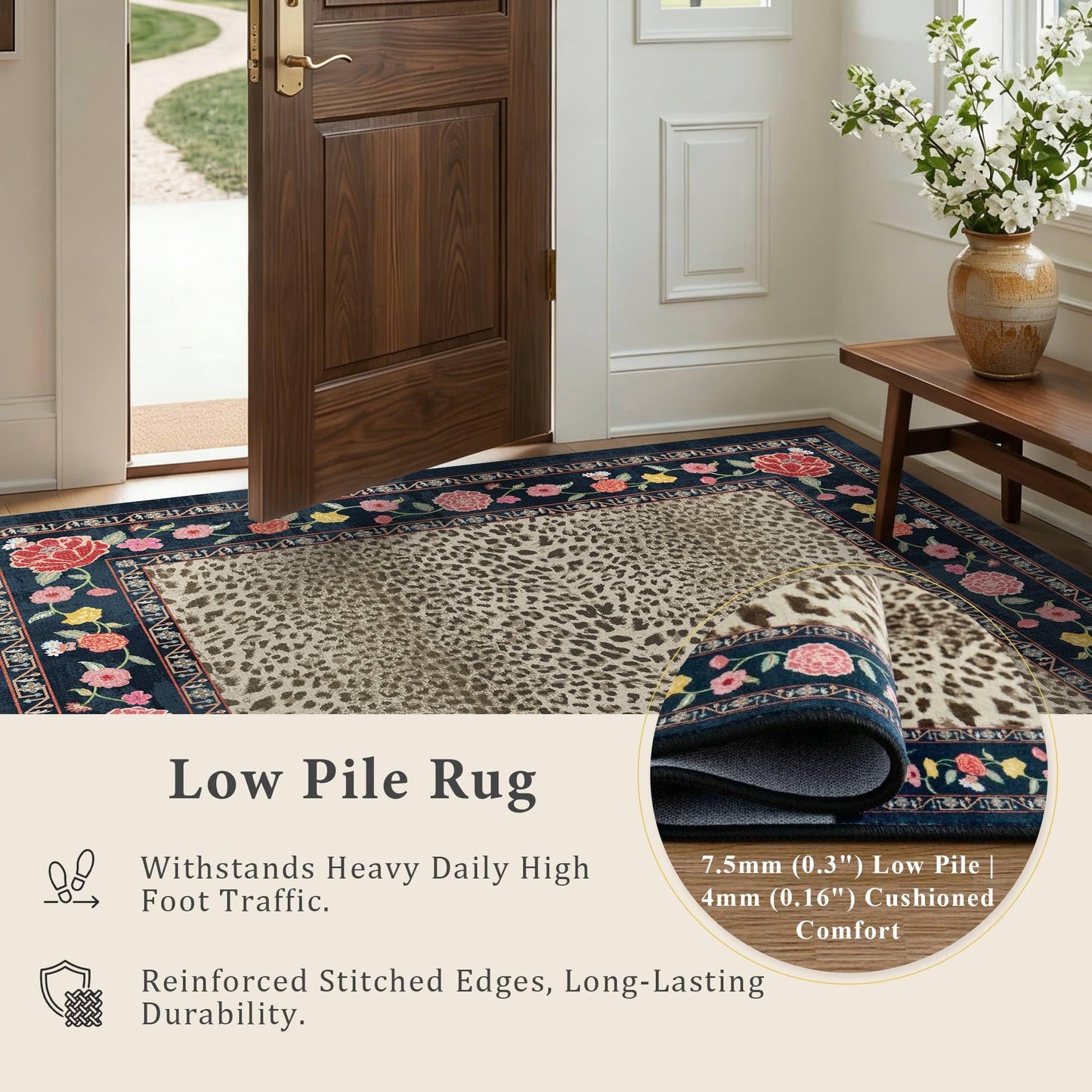 Rugxara 4x6 Leopard Print Rug for Living Room, Machine Washable Area Rug for Bedroom, Non-Slip Low Pile Animal Cheetah Carpet with Rubber Backing for Dining Room Kitchen Home Decor, Brown Blue