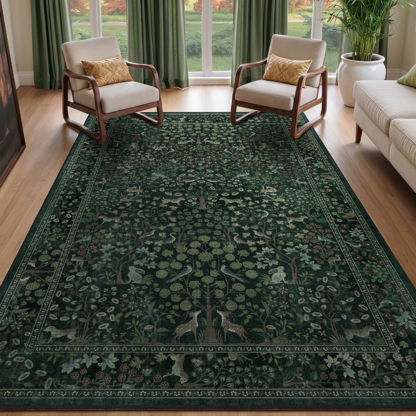 Jainmy Woodland Floral Animal 5x7 Washable Rugs for Living Room, Whimsical Tree of Life Natural Area Rug for Bedroom Nursery, Low Pile Thin Carpet Rugs for Dining Room Home Office Non Slip, Dark Green