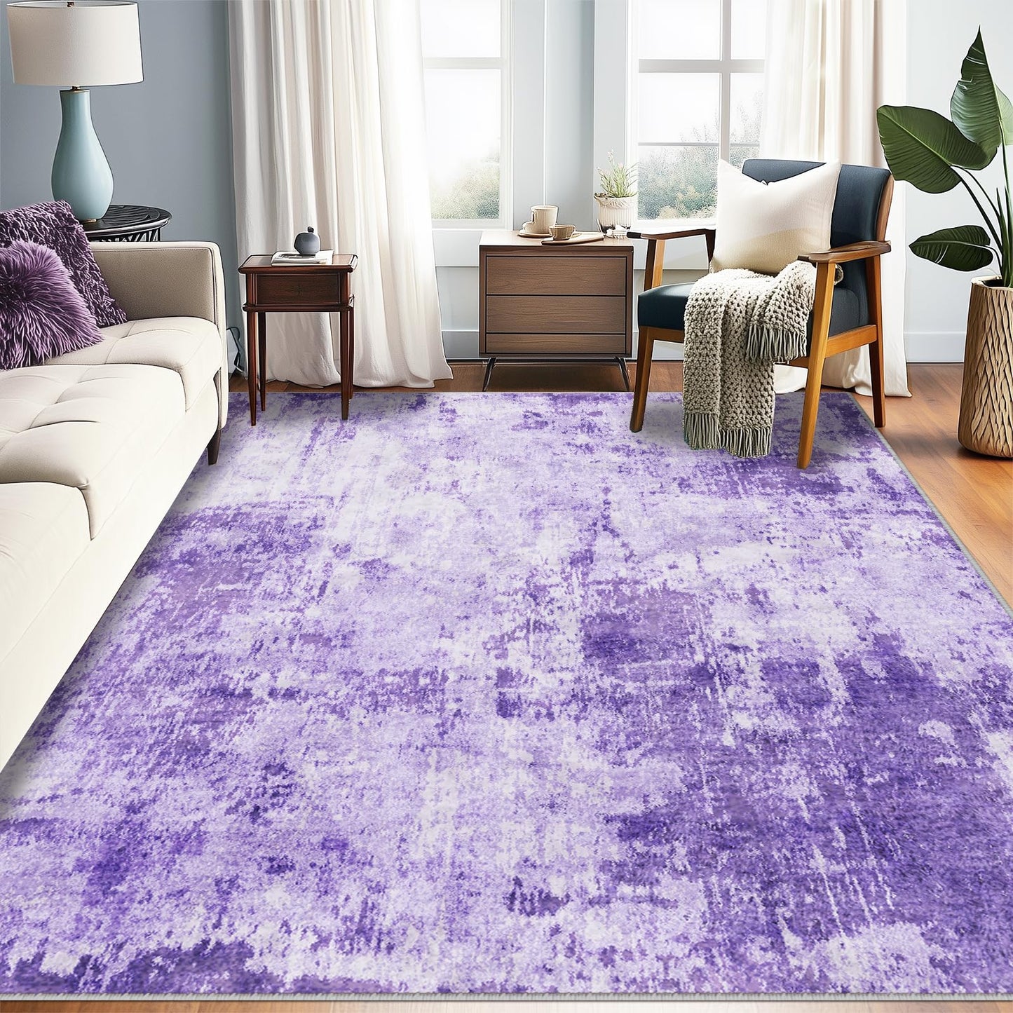 RELEANY Washable Area Rugs 5'x7' Non-Slip Modern Abstract Soft for Living Room Entryway Bedroom Kitchen, Print Pattern, Purple Gray Pink White