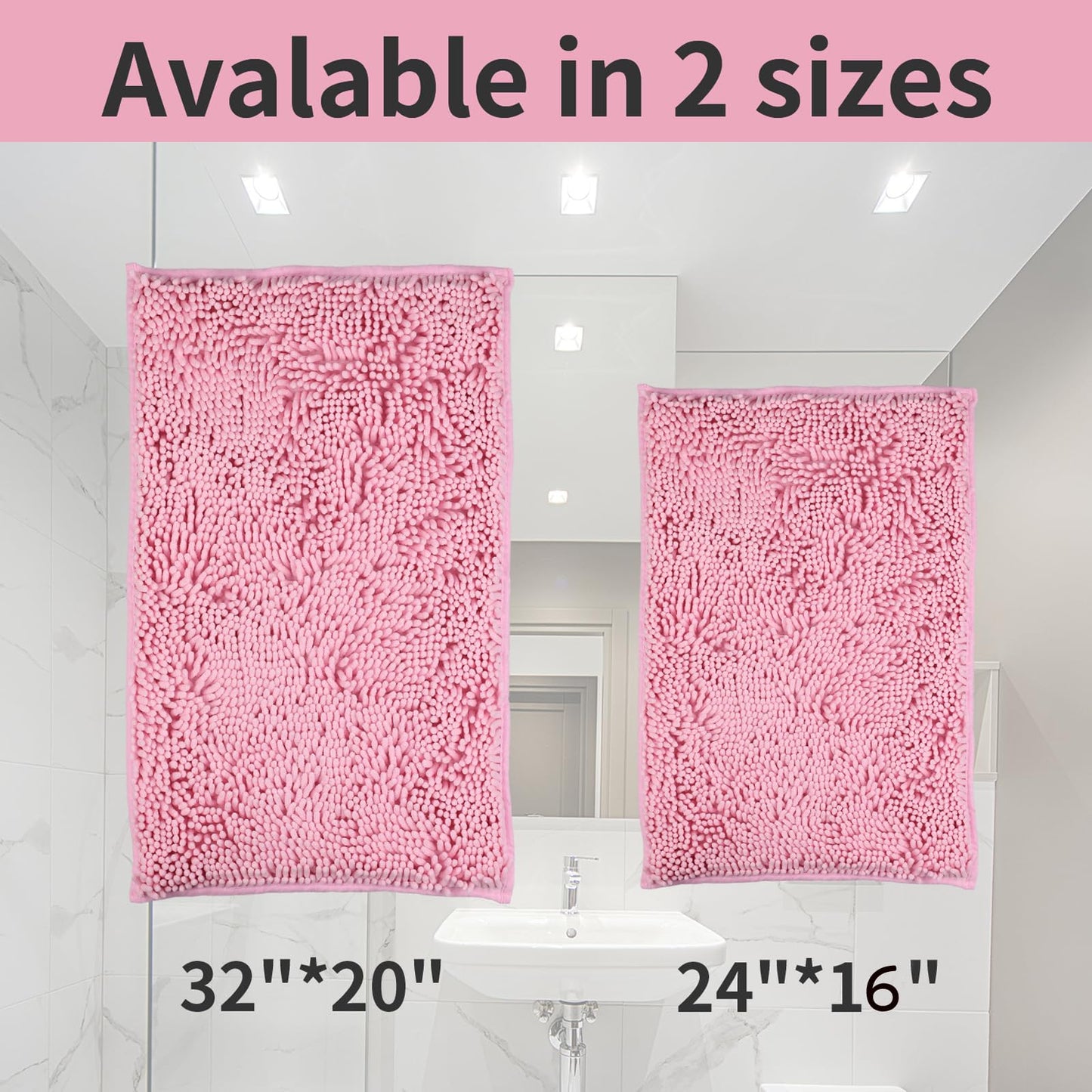 LanYunUmi Pink 2 Pieces Bathroom Rugs, Ultra Soft Non Slip Absorbent Chenille Toilet Bath Mat Set Rugs for Slip-Resistant Shag Extra and Rug Shower Room Machine-Washable Fast (Pink, 20"x32"+16"x24")