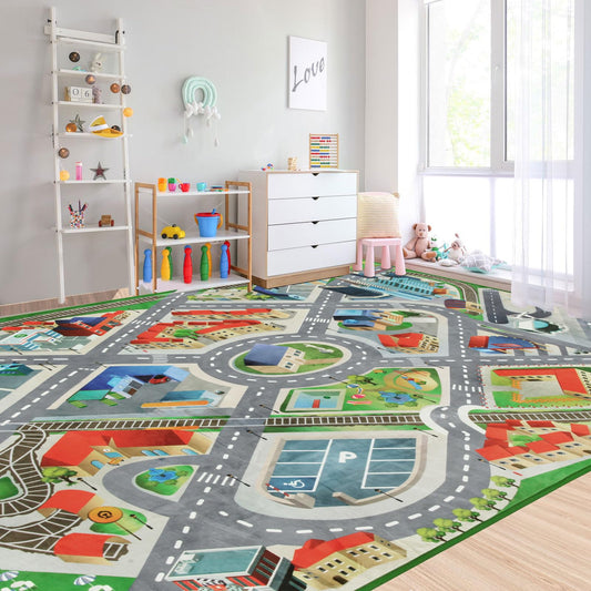 Large Kids Carpet Play Mat Rug for Playroom, 48'' x 71'’ Car Rugs Mat for Kids Toy Cars, City Life with Road Traffic Playmat Rugs Great for Kids Bedroom Play Room Boy Room Decor, Grey