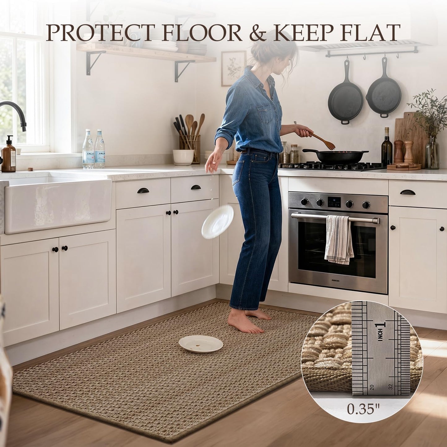 Thin Kitchen Rugs Non Slip Washable,Low Profile Kitchen Mats for Floor In Front of Sink,Dishwasher, Refrigerator, Tile & Hardwood Floors,Absorbent Easy Care Thin Runner Kitchen Floor Mat,20"*32",Beige