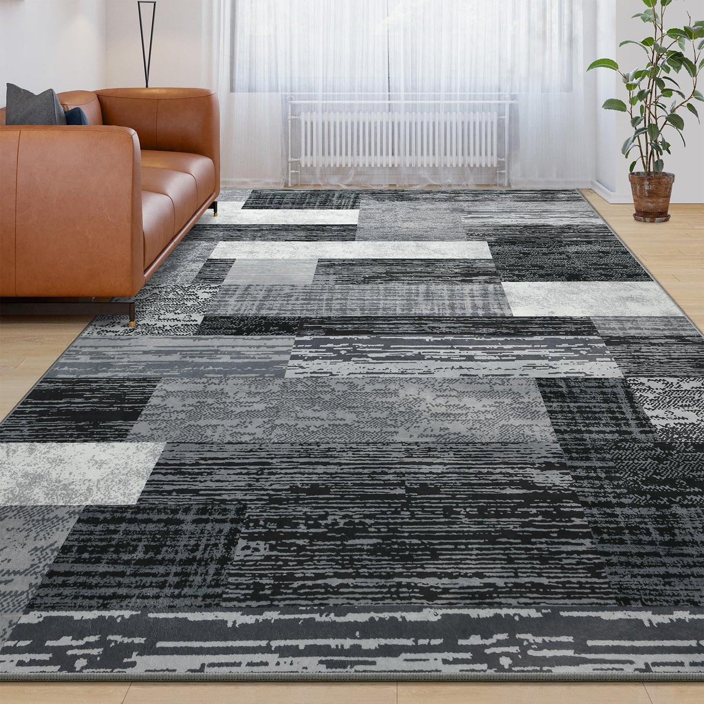 Large Area Rugs,Modern Geometric Patchwork Floor Decor for Bedroom Aesthetic Carpet, Rockwood Collection, Indoor Rugs for Living Room, Dining Room, Nursery, Office, Machine Washable Rug,4x6 Ft Grey