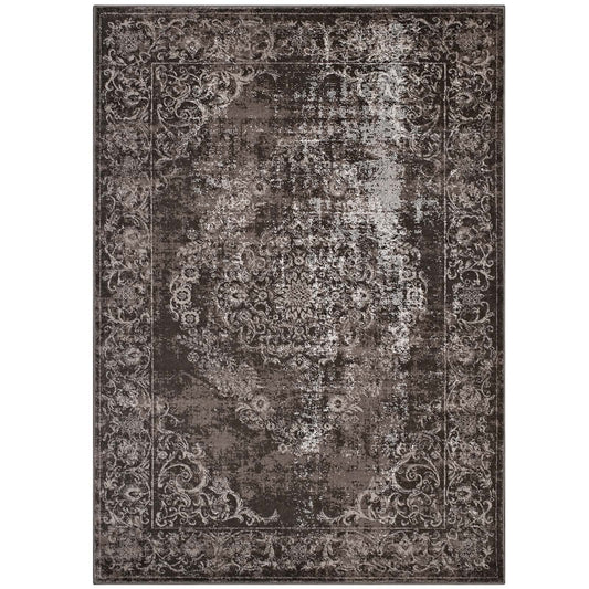 Modway Gamela Rustic Vintage Ornate Floral Medallion 5x8 Area Rug In Antique Light and Dark Brown