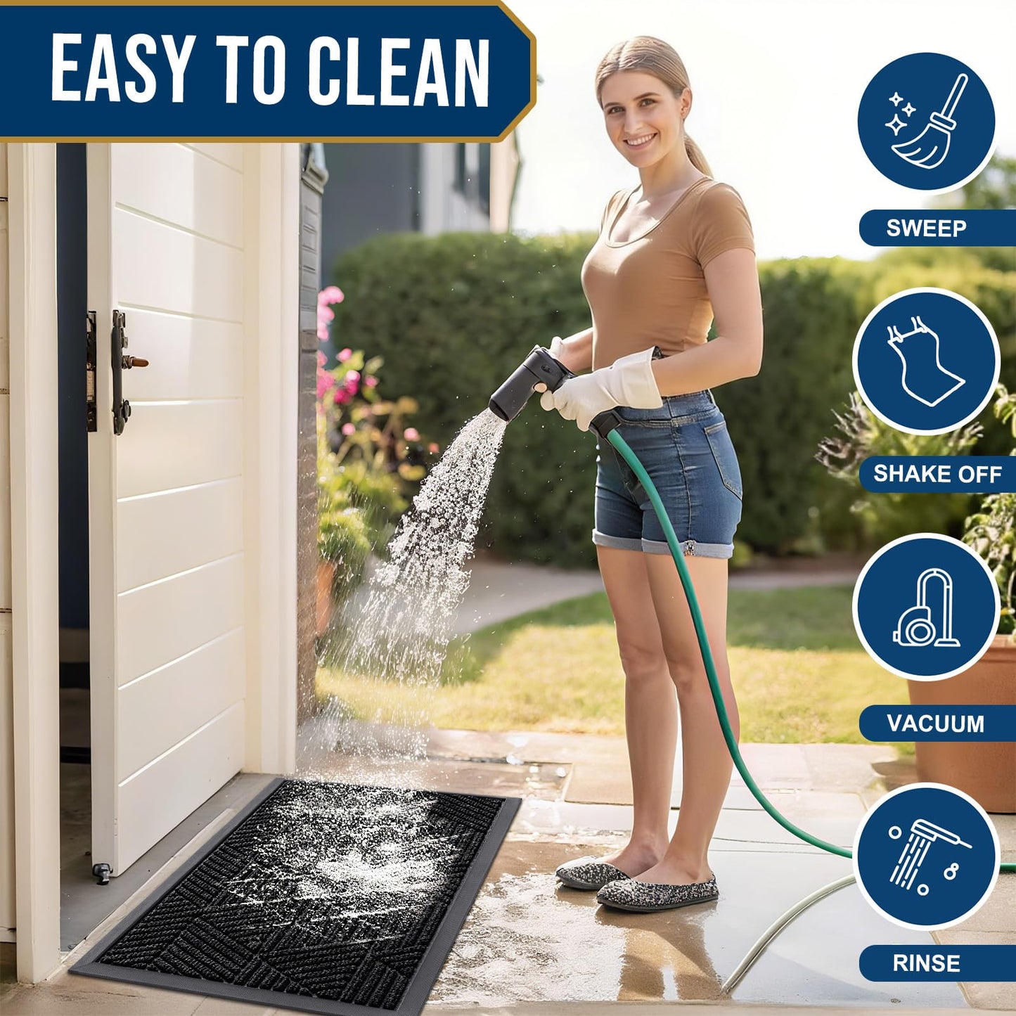 Smiry Front Door Mat Outside Entrance, Heavy Duty Sturdy Natural Rubber Doormat, Trap Dirt and Moisture, Easy Clean Low Profile Mats for Indoor Outdoor Entry, Irregular Triangle (29.5x17, Black)