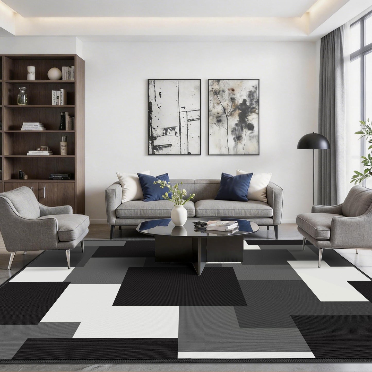 Tyrot Modern Geometric 5x7 Area Rugs Non Slip Mid Century Washable Rug Black and White Grey Abstract Ultra Thin Linen-Look Indoor Outdoor Rug for Living Room Bedroom Dining Room, Home Office