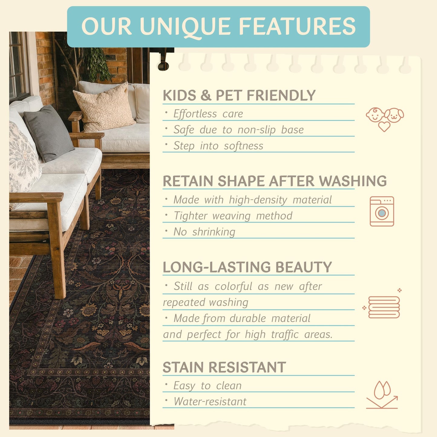 Washable 8x10 Area Rugs for Living Room, Black and Brown Rug for Bedroom Dining Room, Moody Dark Floral Farmhouse Western Style Decor, Large Gold Southwest Non Slip Low Pile Soft Carpet (Dark Brown)