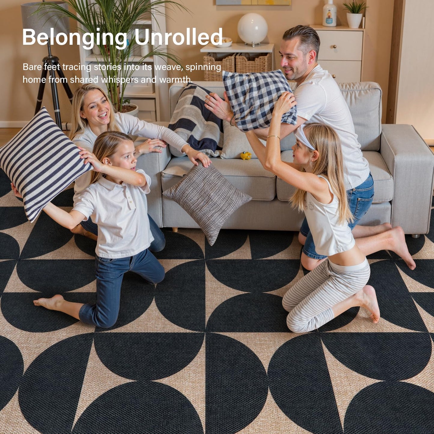 Lahome Modern Geometric Easy Jute Entryway Rug 3x5, Indoor Outdoor Washable Rug for Living Room, Neutral Semi-Circle Black Carpet for Dining Room Patio Front Door