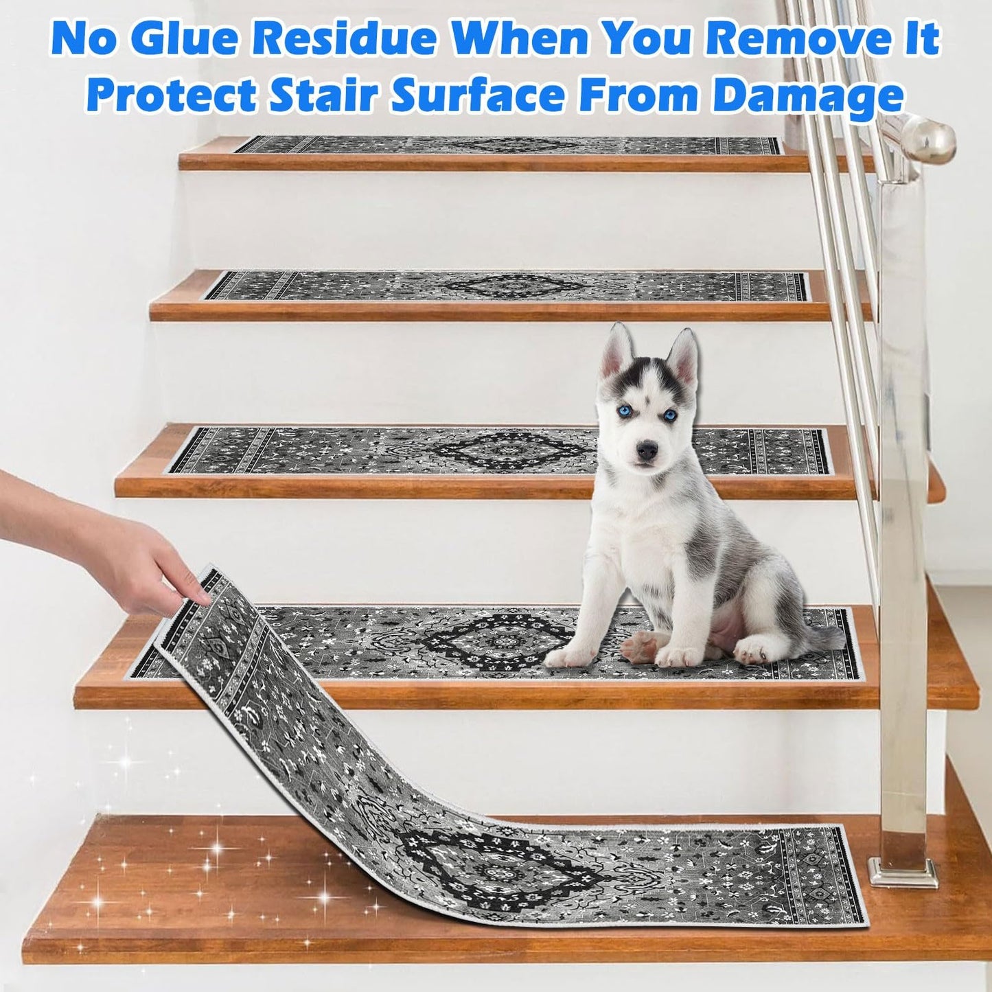 Edging Stair Treads Non-Slip Carpet Mat, 30in X 8in Indoor Stair Runners for Wooden Steps, Rubber Backing Stair Rugs for Kids Elders and Pets(Black/Grey,15PCS)