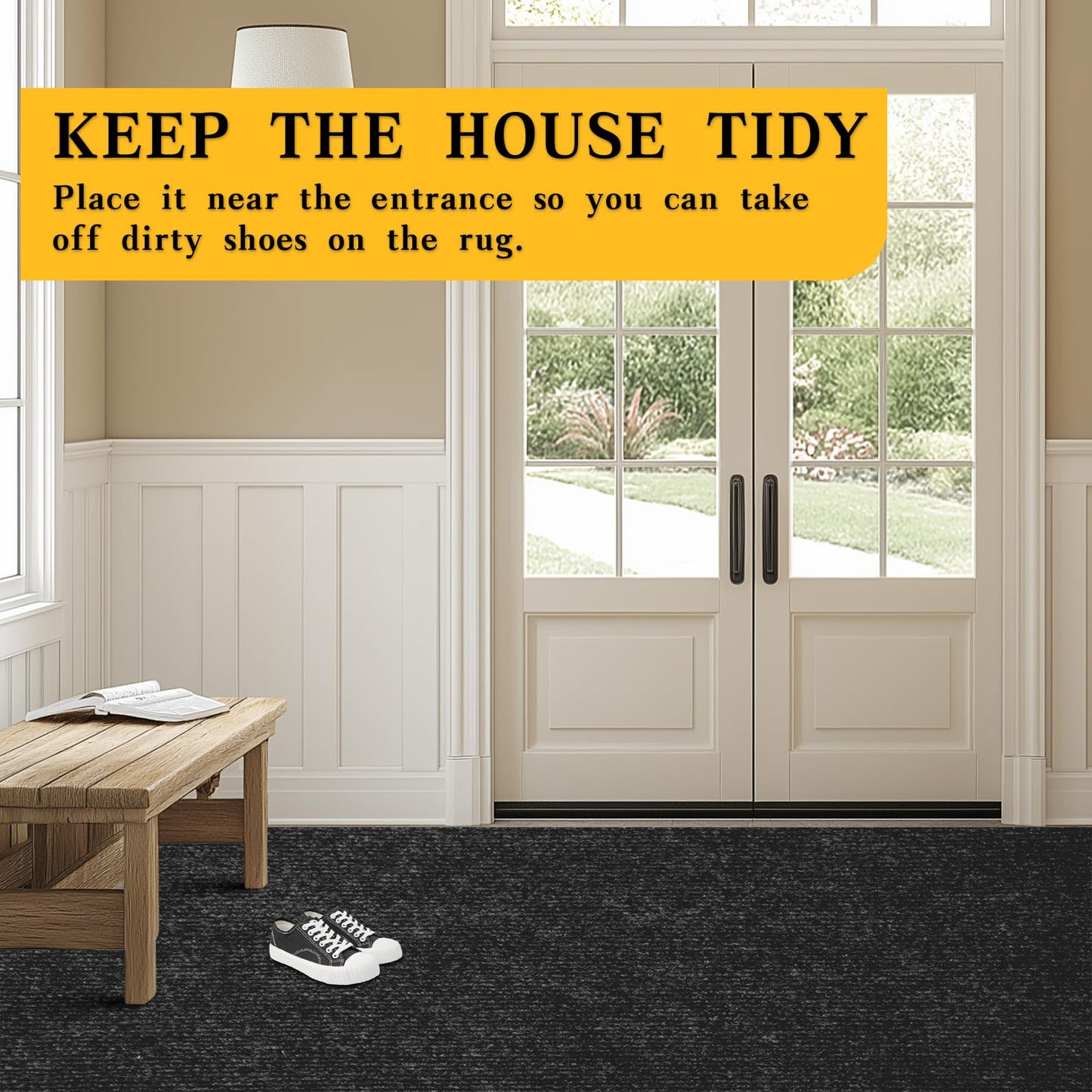 2x8 ft Outdoor Runner Rug, Non-Slip Indoor Outdoor Carpet Runner with TPR Backing, Waterproof Mat for Hallway, Kitchen, Patio, Garage, Deck, Entryway, Black Fine Stripes