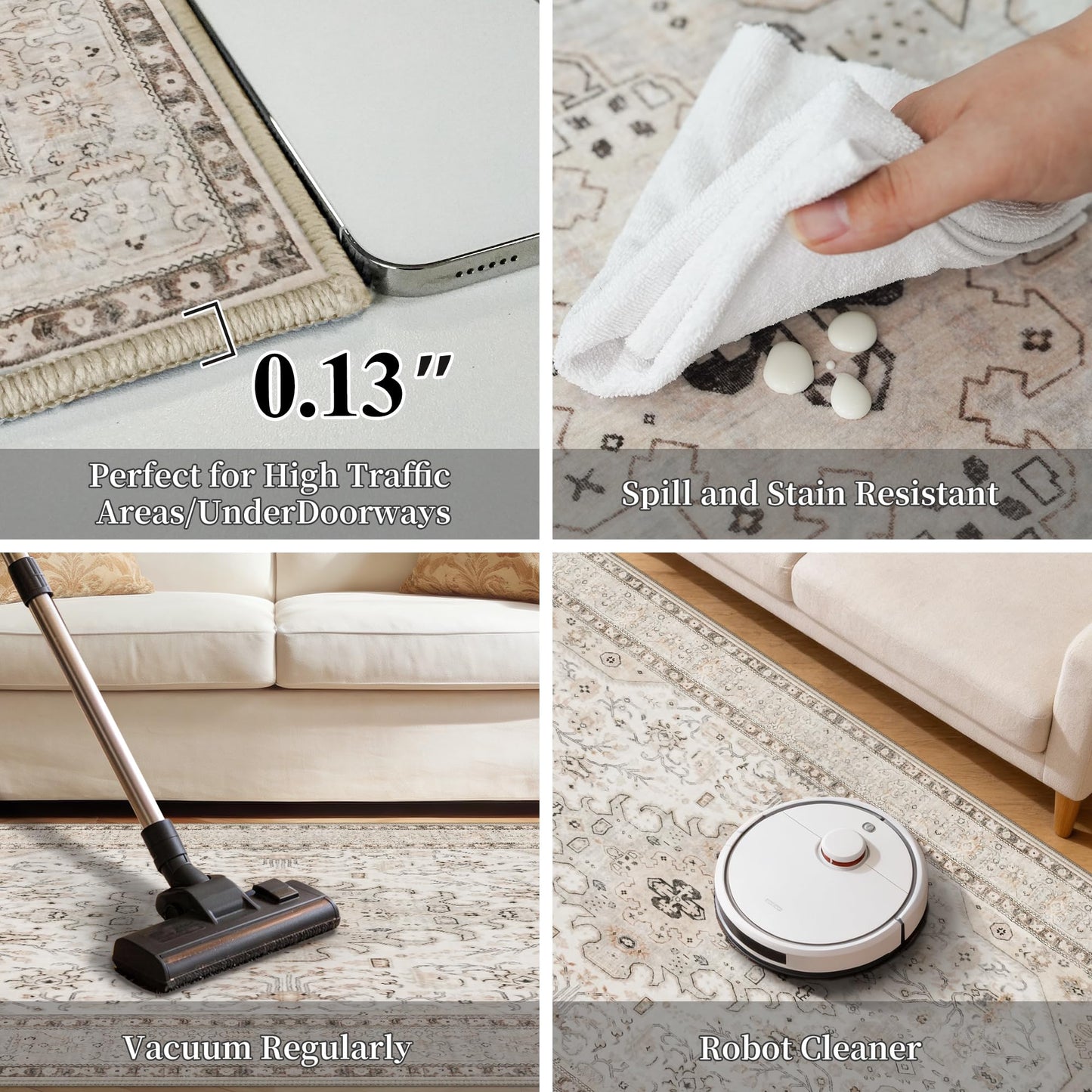 HILORUUG Washable Area Rug 9x12 - Bedroom Living Room Large Indoor Oriental Rugs - 0.13inch Low Pile Stain Resistant Rugs with Rubber Backing for at Least 108 sq ft Spaces (9x12 Ivory/Multi)