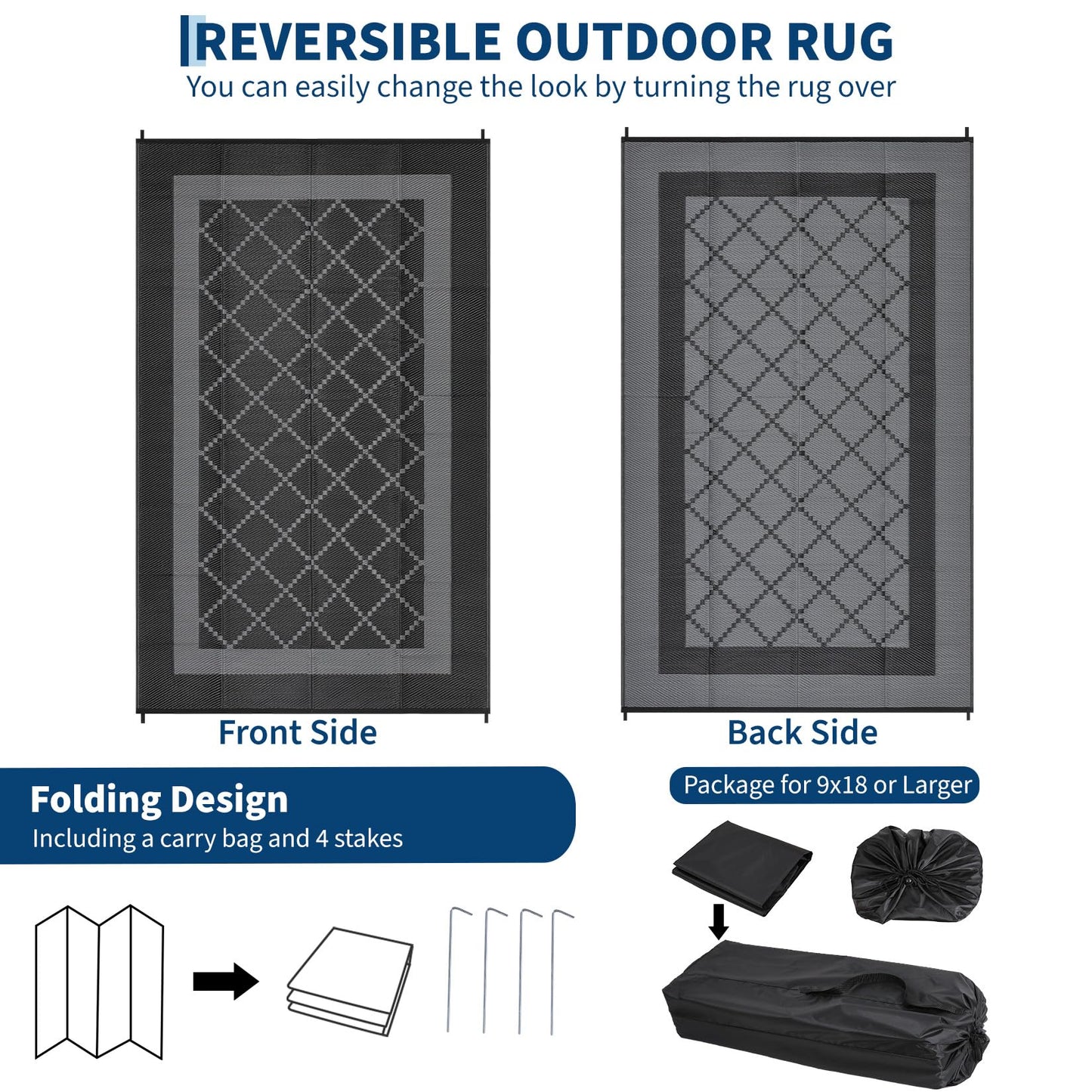 LUXLOOM 8x10 Outdoor Rug Waterproof Portable Plastic Straw Reversible Rugs with Carry Bag & Stakes, UV-Resistant Lightweight Outdoor Carpet Foldable Camping Mat for Patio RV Backyard Picnic Black Grey