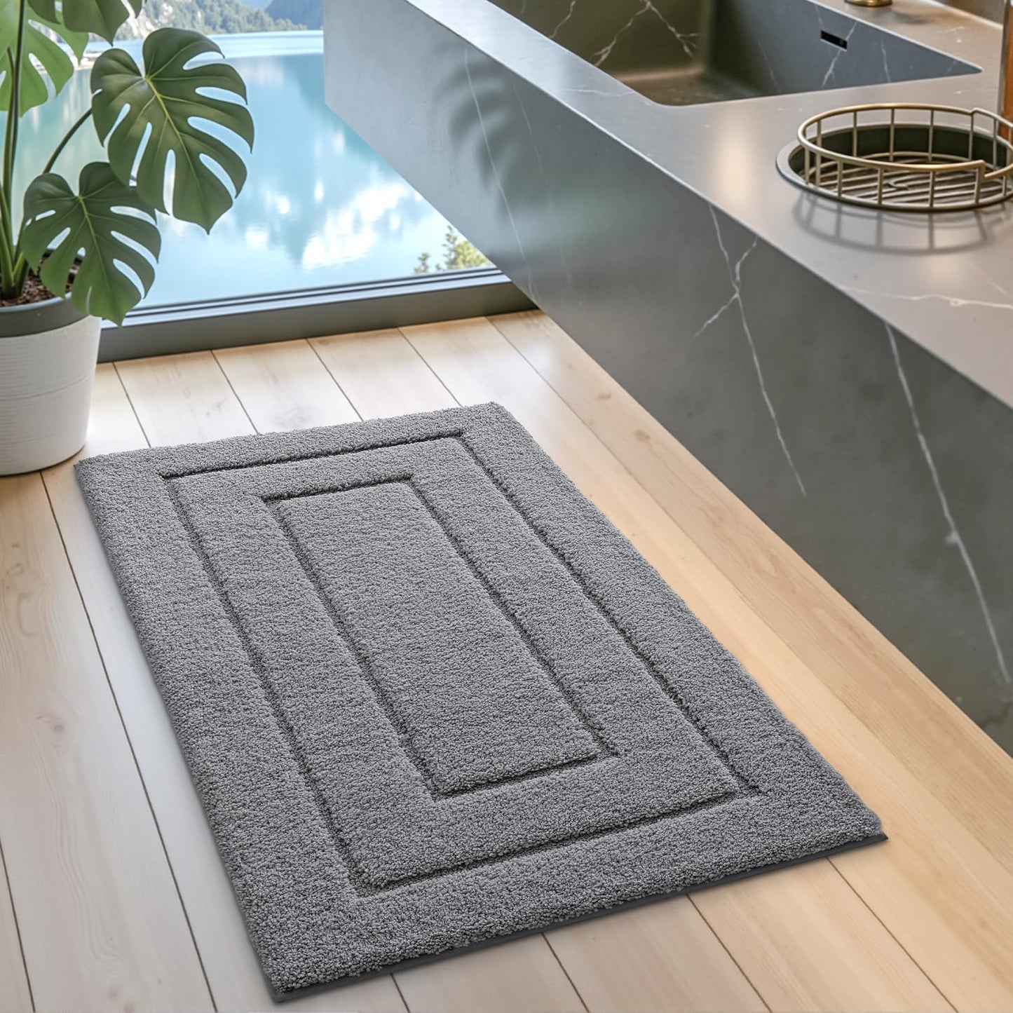 DEXI Bathroom Rug 43x24, Non Slip Washable Bath Mat for Shower Floor, Extra Large Absorbent Soft Bathmat with Rubber Backing, Quick Dry Microfiber Carpet, Grey