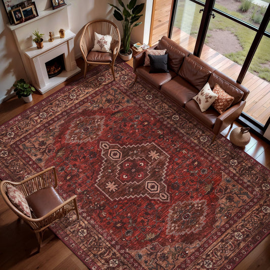 Tangsoo 8x10 Area Rugs for Living Room, Washable Oriental Vintage Indoor Non Slip Large Area Rugs, Print Carpet, Soft Low Pile Rug Foldable Floor Rug for Bedroom Dining Room Dorm Dark Red