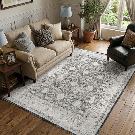 jinchan 5x7 Washable Vintage Area Rug, Distressed Traditional Floral Living Room Rug, Soft Low-Pile Non-Slip Floor Mat for Bedroom Dining Room Nursery Home Office, Grey